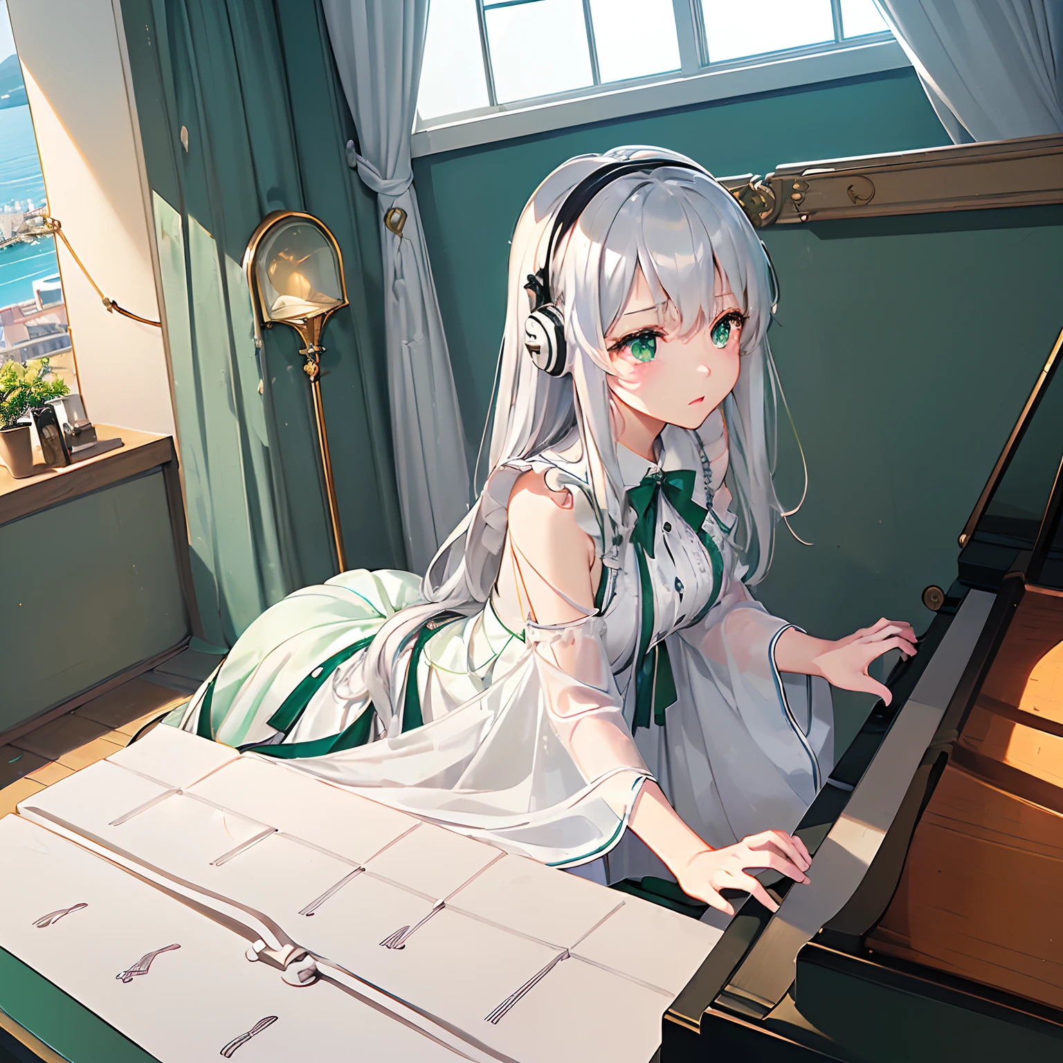 masterpiece、top-quality、High-quality images、8K、 ((Background with、Accurate perspective、line-drawing、Contour extraction、colourfull、Moderate shading、Medium omission:1.4)) ((Ana's Bedroom、Stylish bay window with sea view、Very bright lighting、On the wall4Photo、a bed、typical:1.3))((Music room at home with sea view、Piano instruction、lesson、Started training world-class pianists:1.4)) announcer((anastasia、Graduated from the piano department of the College of Music、Piano Teacher、The goal is to train famous pianists、Good friends with students、Has the ability to manipulate the darkness of the mind at will、Have the ability to hear Leos' voices、When Leo is not present, You can sleep whenever you want.、pure、with light glowing、Little crybaby、Semi-long silver hair、Emerald green eyes、Slimed、Balanced proportions、Fashionable dresses selected in the costume room、Room makeover、lecture、Leo Advocacy:1.5))、 I am Leo、Yeah、Thank you、Ana got some sleep, too.、pure、I'll come、bye-bye