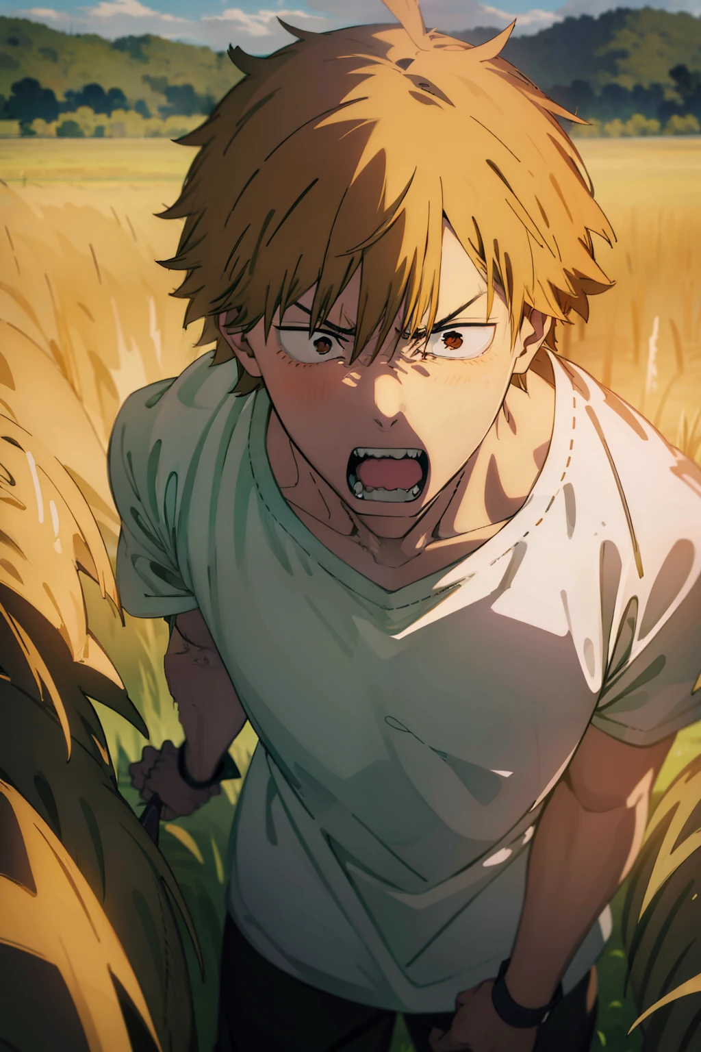 Denji with angry expression standing in a field