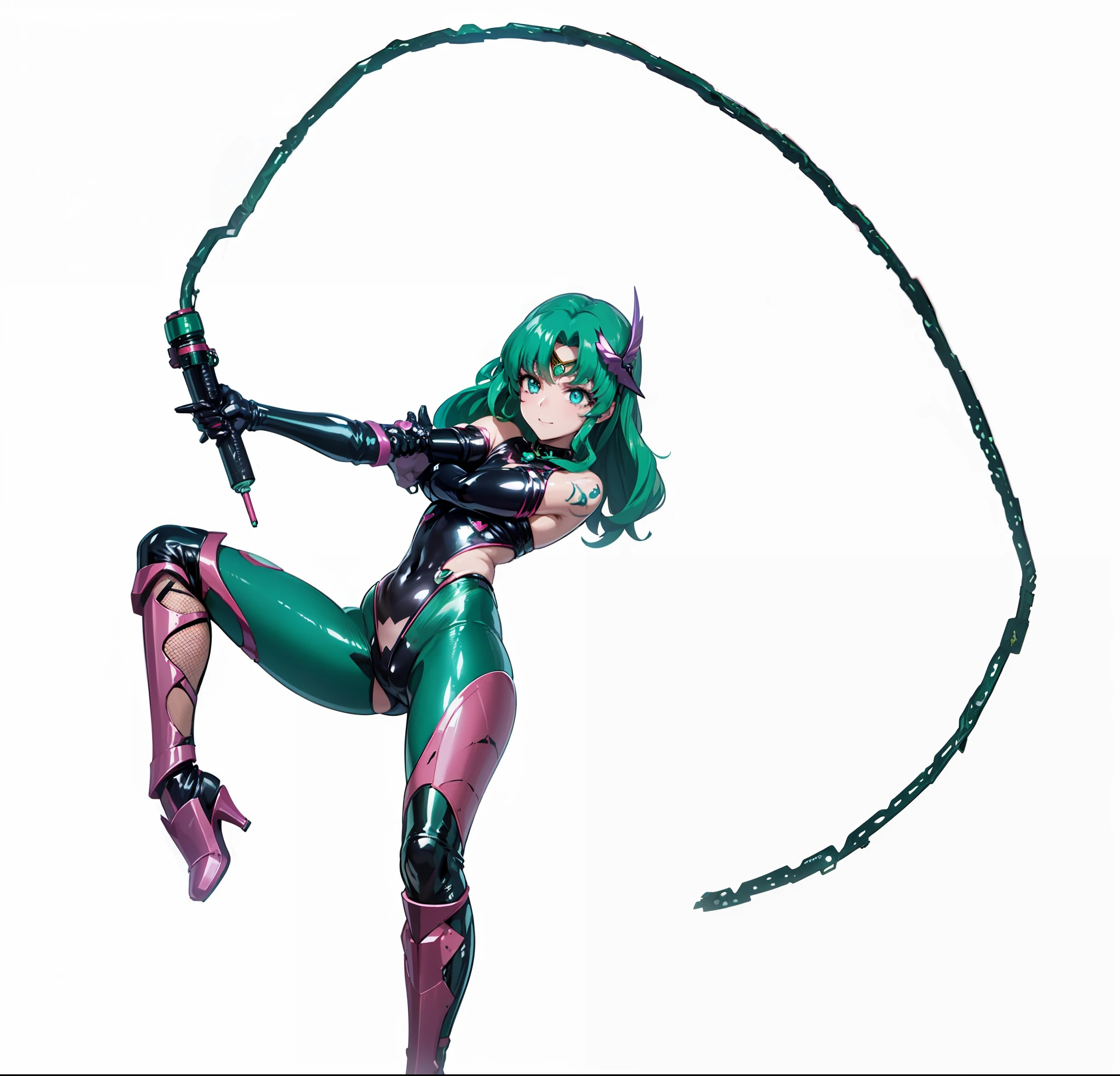 a closeup, 1girl in, Sailor Neptune, aqua eyes, Dark green hair, Medium Hair, (Body tights, Black latex long gloves and boots, Aqua-colored lines on the body, Heart Nipple Less, The navel is visible, Tattoo of the lower abdomen:1.1), Eyes without light, grin, Black ornament on forehead, Bat feather hair ornament, Spread your legs apart, Mechanical chair,Sit on a pipe that glows pink , top-quality, masterpiece, hight resolution, intricate detailes, ((realisitic)), black latex gloves, medium breasts, chastity belt, natta