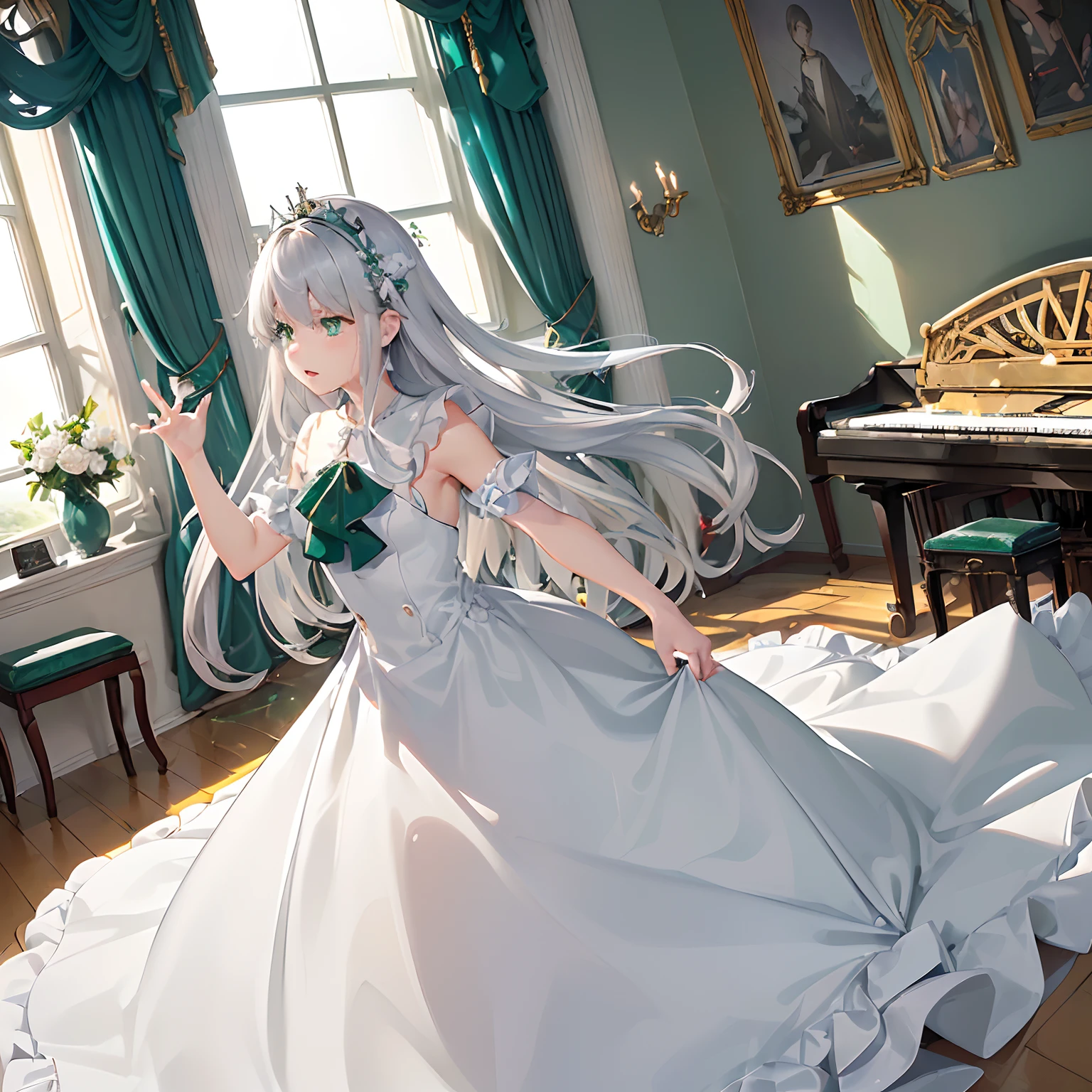​masterpiece、top-quality、High-quality images、8K、　　((Background with、Accurate perspective、line-drawing、Contour extraction、colourfull、Moderate shading、Medium omission:1.4))　((Ana's Bedroom、Stylish bay window with sea view、Very bright lighting、On the wall４Photo、a bed、typical:1.3))((Music room at home with sea view、Piano instruction、lesson、Started training world-class pianists:1.4))　announcer((anastasia、Graduated from the piano department of the College of Music、Piano Teacher、The goal is to train famous pianists、Good friends with students、Has the ability to manipulate the darkness of the mind at will、Have the ability to hear Leos' voices、When Leo is not present, You can sleep whenever you want.、pure、with light glowing、Little crybaby、Semi-long silver hair、Emerald green eyes、Slimed、Balanced proportions、Fashionable dresses selected in the costume room、Room makeover、lecture、Leo Advocacy:1.5))、　　　　　　I am Leo、Yeah、Thank you、Ana got some sleep, too.、pure、I'll come、bye-bye