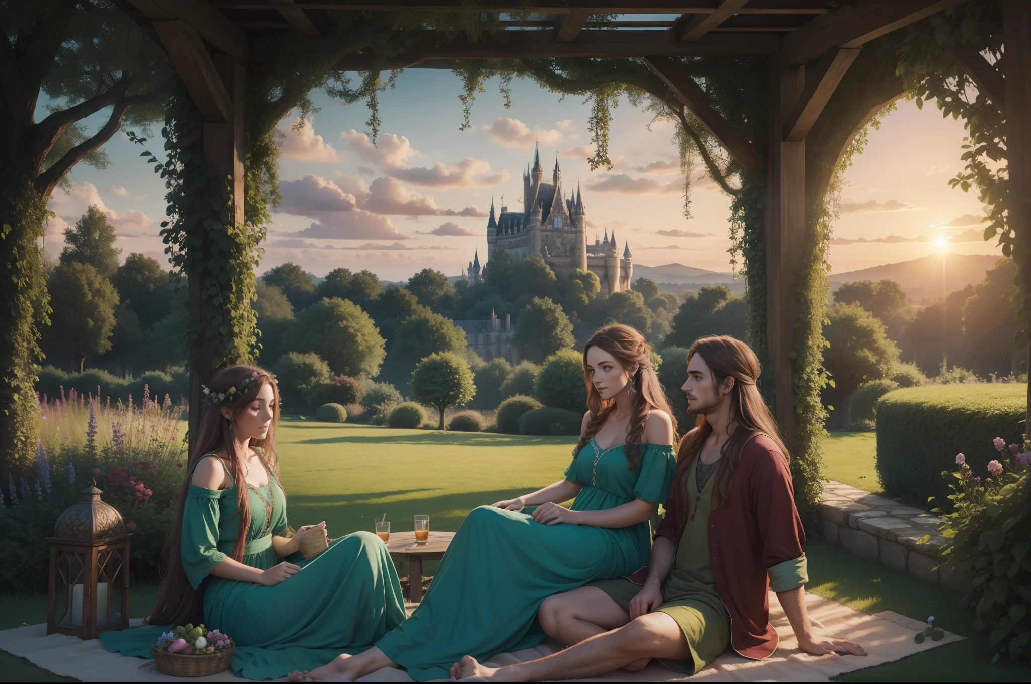 Hippie chic couple, relaxing in the garden. Castles on the background. Rabbits running around them. Palette of aqua, burgundy, forest green, russet. Sunset. Photorealistic.
