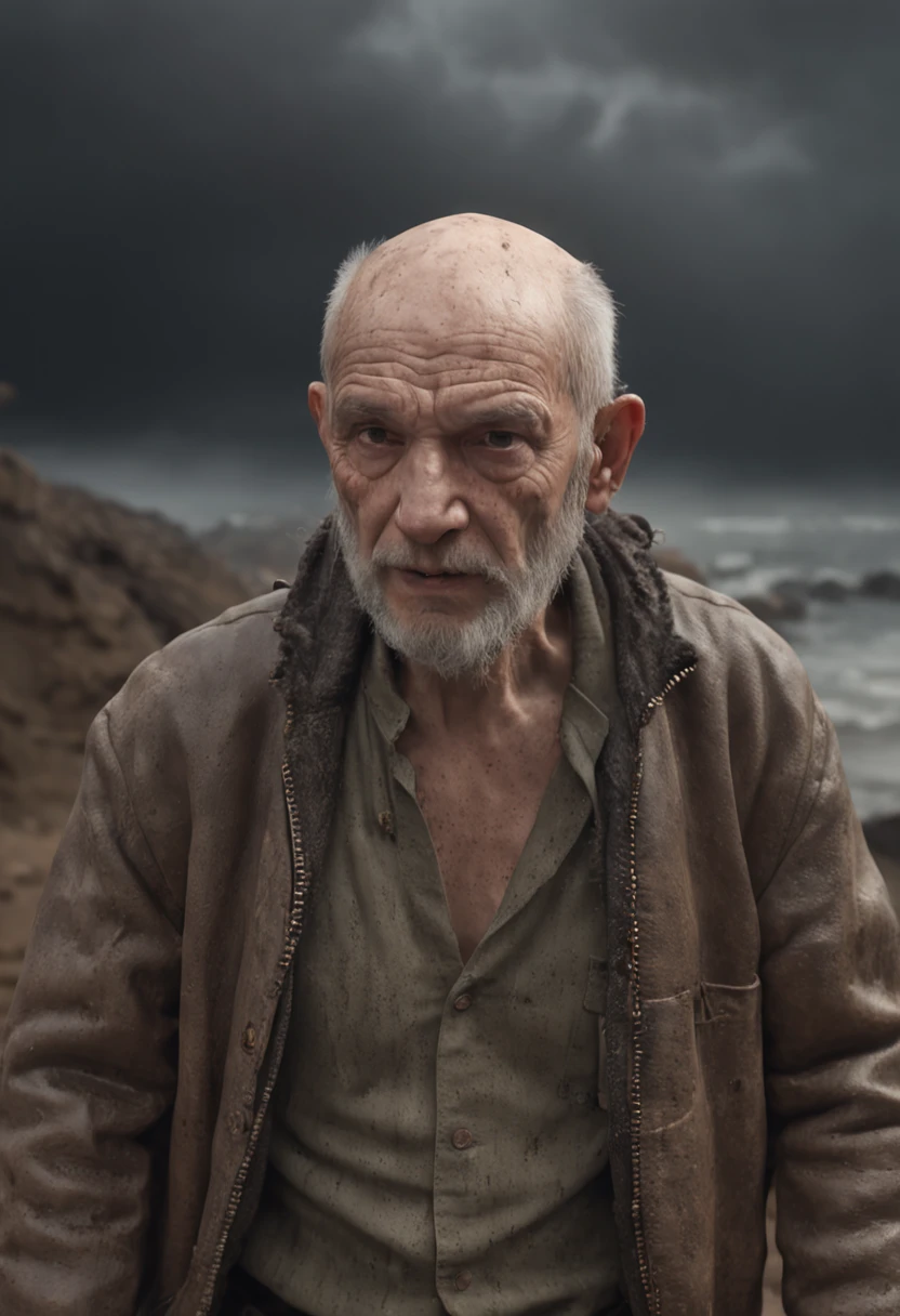 (Professional 3D rendering:1.3) da (Realistic:1.3) The most beautiful artistic painting in the world，Features a smooth and shiny masculine appearance, ((Old man of epic fantasy CIBORG old man skinny look rough despair short hair short beard and sad expression in a depressive situation, Electrical cables coming out of the head, fantastic location, Majestoso ambiente de desordem)), Half Body 8 Kg Rendering Unit, action shot, pele dos poros, very dark lighting, sombreamento pesado, circunstanciado, Rosto detalhado, (Vibrando, Imagem realista da pista, Realistic, Dramatic, Escuro, foco nítido, 8k), (Old cotton clothes damaged by bad weather:1.4), ((((Use couro)))), (Complexo:1.4), decadente, (Um altamente detalhado:1.4), digital illustation, Aplicar por Octane, Technical Stations, arte conceitual, Downy, foco nítido, illustration, germe da arte, (Loish:0.23), Lubb Ilya Kochynov, Greg Rotkowski H , Alphonse: Muito obrigado, (global ilumination, studiolight, Tamanho leve), chuva forte, Electrical cables float from your head, patife, Prioridade sobre pequenas criaturas sobre cabos, Homogeneous flame creatures in the glassy belly, fantasia, EM, Largura de meio corpo, Little demons talking into the microphone, ((Electric chaobo comes out of the cyborg's head)),  ((Fundo escuro e antigo da cidade:1.3)),CGSes ociedamn, Technical Stations