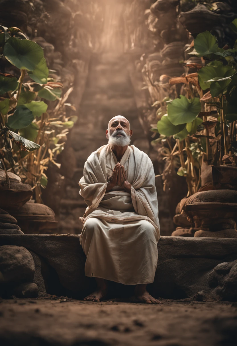 Monk man in tunic prays in lotus pose, um senhor de 60 anos de barba grisalha corpo inteiro, (vestindo uma batina longa de linho branco), Tibetan meditation position, olhos fechados, hands hidden. He's meditating in an old chair, olhos fechados, cinematic background, Sky at night, 8k