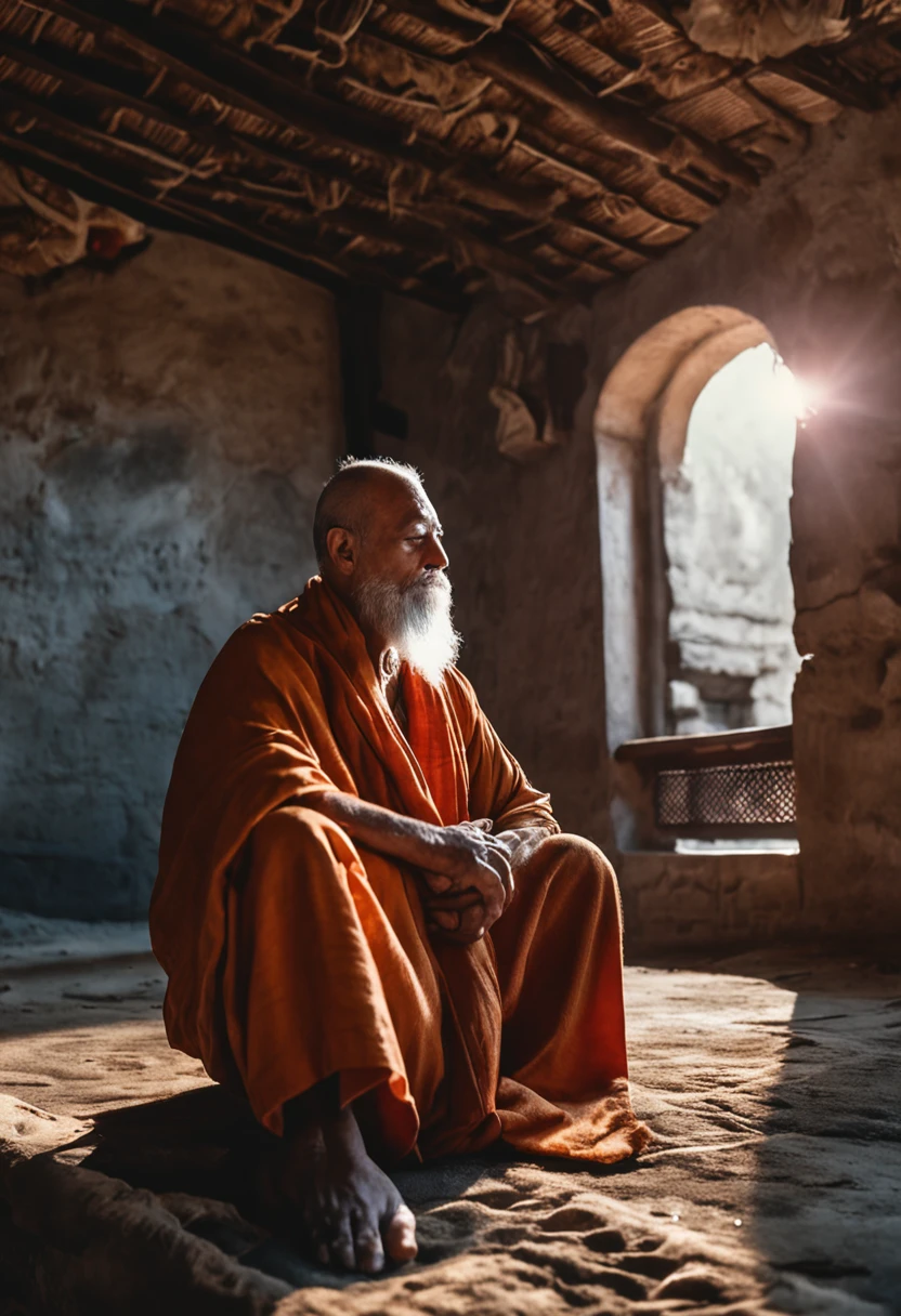 Monk man in tunic prays in lotus pose, um senhor de 60 anos de barba grisalha corpo inteiro, (vestindo uma batina longa de linho branco), Tibetan meditation position, olhos fechados, hands hidden. He's meditating in an old chair, olhos fechados, cinematic background, Sky at night, 8k