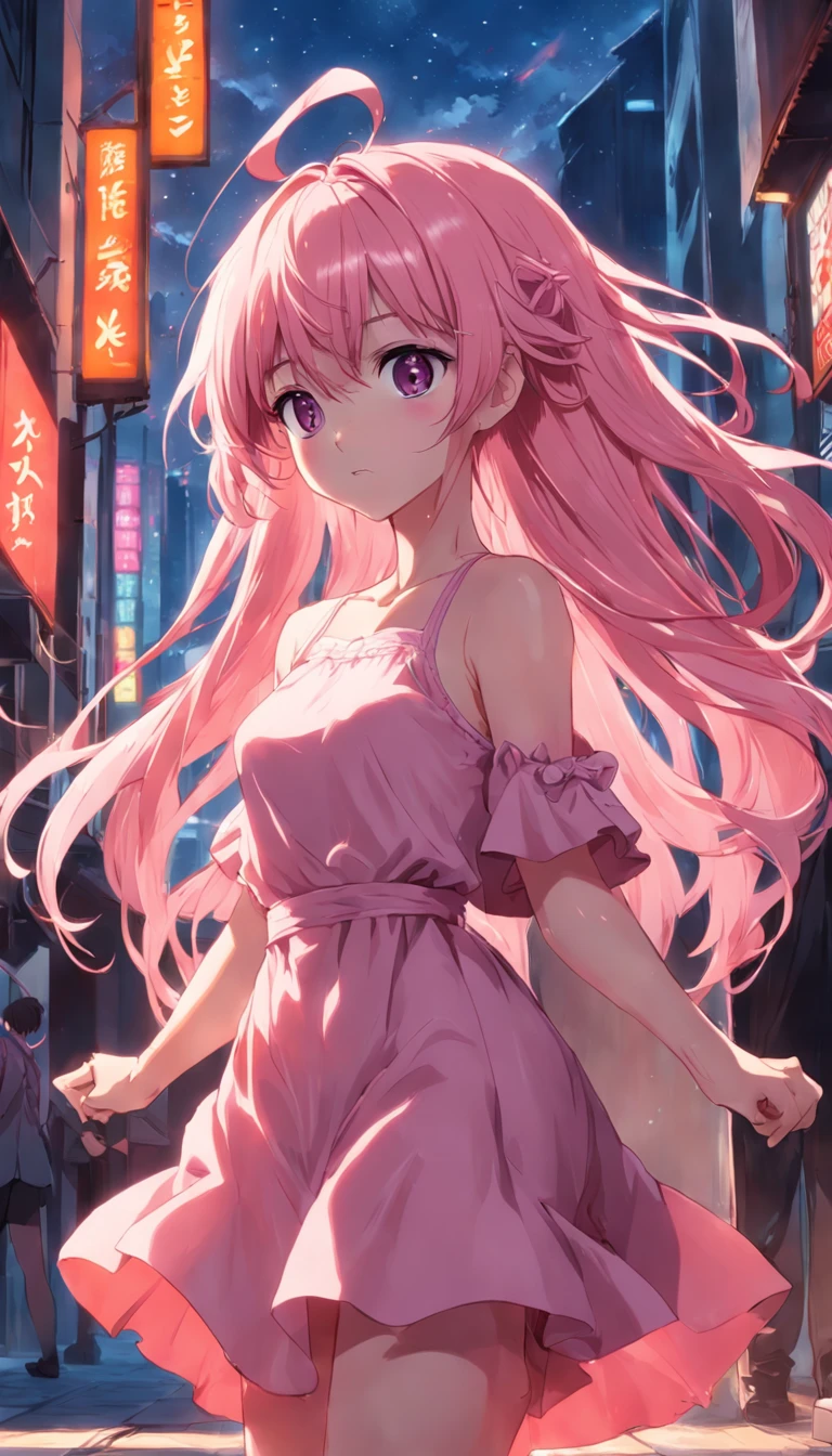 Beautiful face ， A little dance in the anime of Douluo Continent ， Long pink hair ， Pink cutout long dress ， Tall figure ， Big bright eyes ， Crystal heels ， A pair of rabbit ears ， ssmile ， adolable