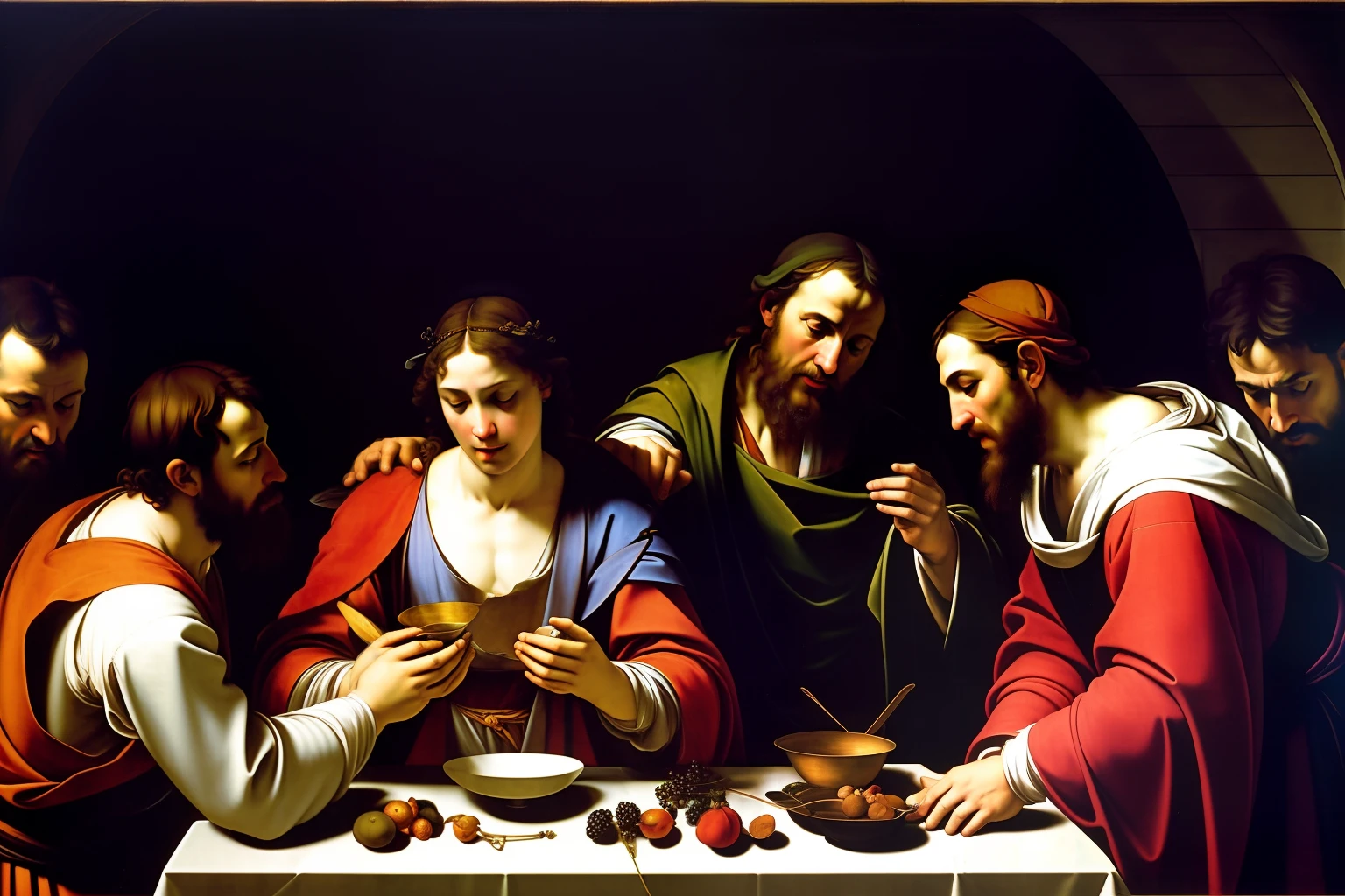 (((master part))) The Supper at Emmaus, 1601 Michelangelo Merisi da Caravaggio (1571-1610), high-resolution, Realistic, dramatic lighting, pincelada detalhada, cores ricas, intense emotions, Tema religioso.