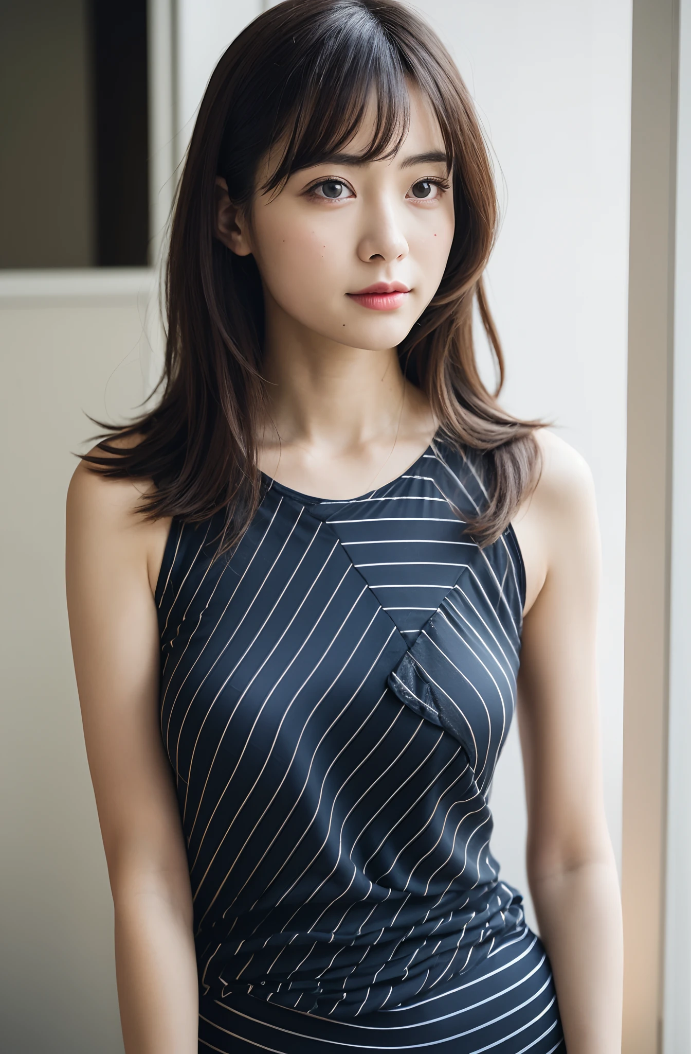8K、top-quality、​masterpiece、超A high resolution、photo-like、SLR、beautiful japanese female、Elegance、There is a good、Gentle face、Beauty of the wind、Moist beauty、short-cut、Keep your bangs neat and tidy、Looking down，From below，、The eyes are far away、Transparent atmosphere、Beautiful face、Raised corners of the mouth、drooing eyes、Tanuki face、wrist watch、a necklace、A bracelet、Gradient lighting、Drop long bangs to the side、Girls and men、Delicate skin、Look into the distance、Brown-eyed、up chest、the shape of the chest is clear,,,,,,,,,,,,,,,,,,、very very gigantic boobs、breasts are large、Raw photography、(pureerosface_v1:0.5)、All-Over Print Tie-Back Halter Top、halterneck、Tieback、Sleeveless、no sleeves、Sleeveless camisole、sleeve less、halterneck、tight fitted、white  clothes、、Round Neck、Sexy clothes、Sheer feeling、Take your eyes off、subject、Lean、Look here、Ass big、big butts、bbw、morning sunlight、Morning Home、Station platform、The morning sun is dazzling、station、Waiting for the train、station、