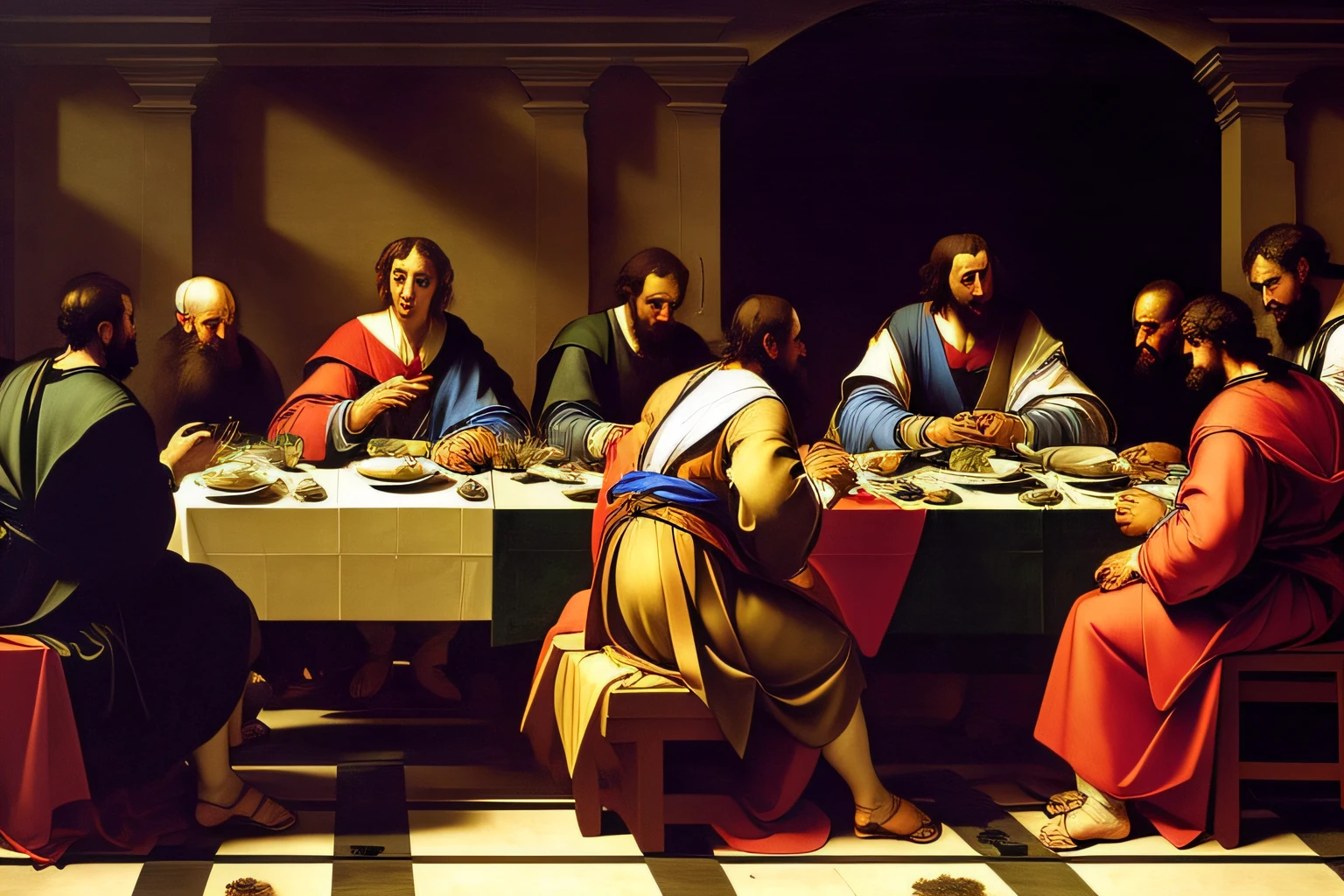 (((master part))) The Supper at Emmaus, 1601 Michelangelo Merisi da Caravaggio (1571-1610), high-resolution, Realistic, dramatic lighting, pincelada detalhada, cores ricas, intense emotions, Tema religioso.