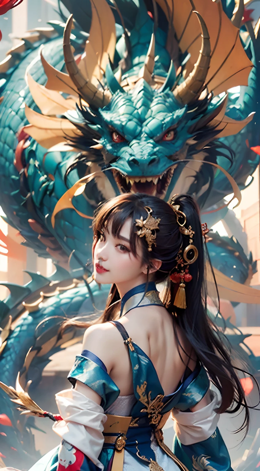 Zhong Fenghua, gorgeous hanfu, official art, Unity 8k wallpaper, super detailed, beautiful beauty, masterpiece, best quality, (tangled, tangled, tangled), (fractal art: 1.4), (character center: 1.3), 1 girl, dragon rape girl, dragon foot inserted into ass, back in ,dragon foot pierced ass, shocking domineering chinese dragon, detailed dragon head, black hair, long ponytail, Chinese, off-the-shoulder,, very detailed, dynamic angle, denim shot, (most beautiful form of chaos), ethereal, (bright colors), oc , (half: 1.2), China, (Thangka Feitian: 1.5), (Ribbon: 1.3), (Dream: 1.5), (Hanfu: 1.5), Chinese dragon, Chinese phoenix, (smile: 0.5), (Chinese god), (masterpiece, top quality, best quality, ultimate detail, highest detail, official art, beauty and aesthetics: 1.2), golden ratio, full composition