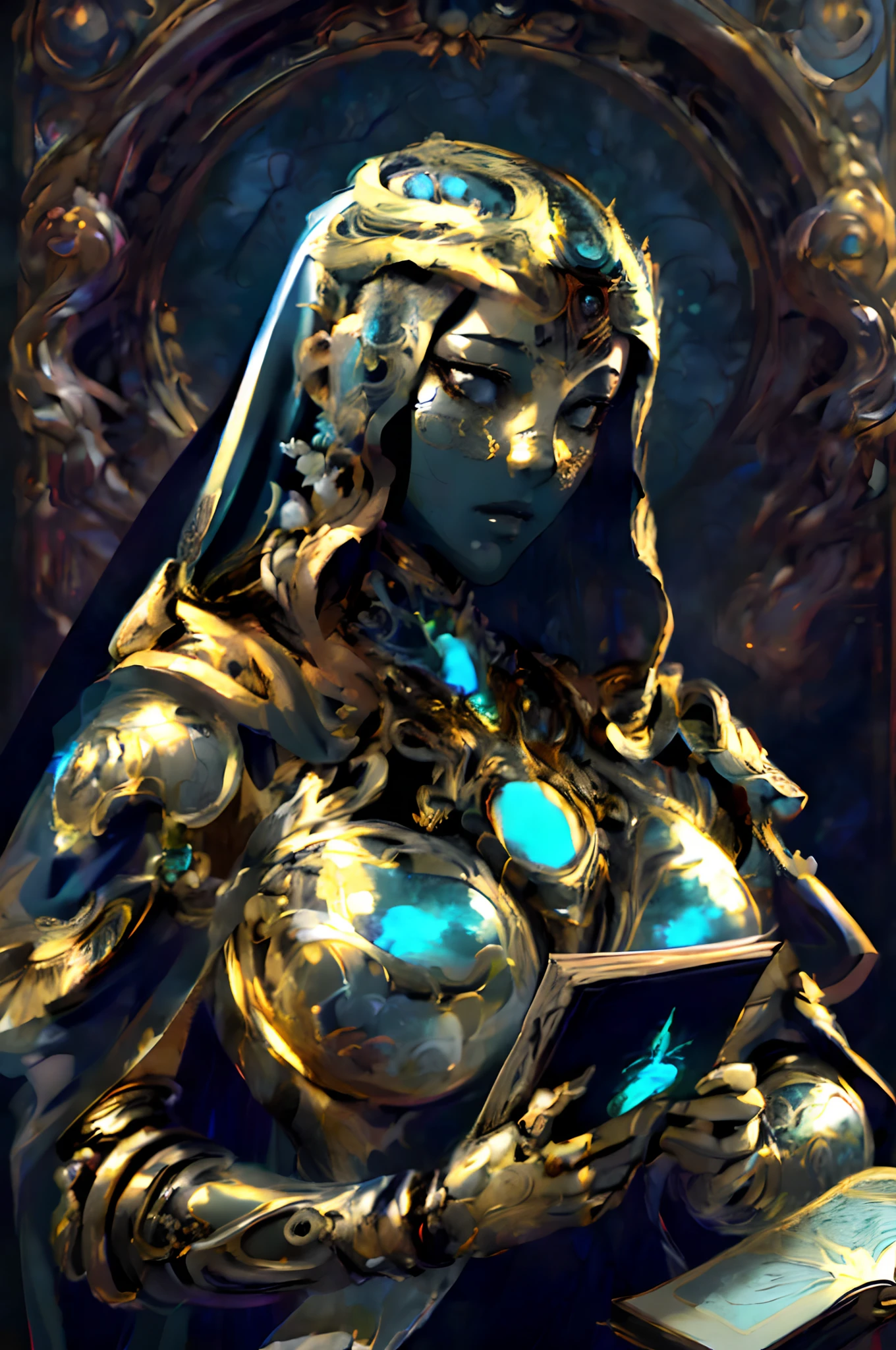 Masterpiece of a female gold biomechanical robot with a (white porcelain renaissance statue face), pure black noir eye, wearing a veil and framing face, grotesque, detailed anatomy realistic, intricate detailed, intricate stained-glass background, holding a book - high quality, best quality, looking at viewer,