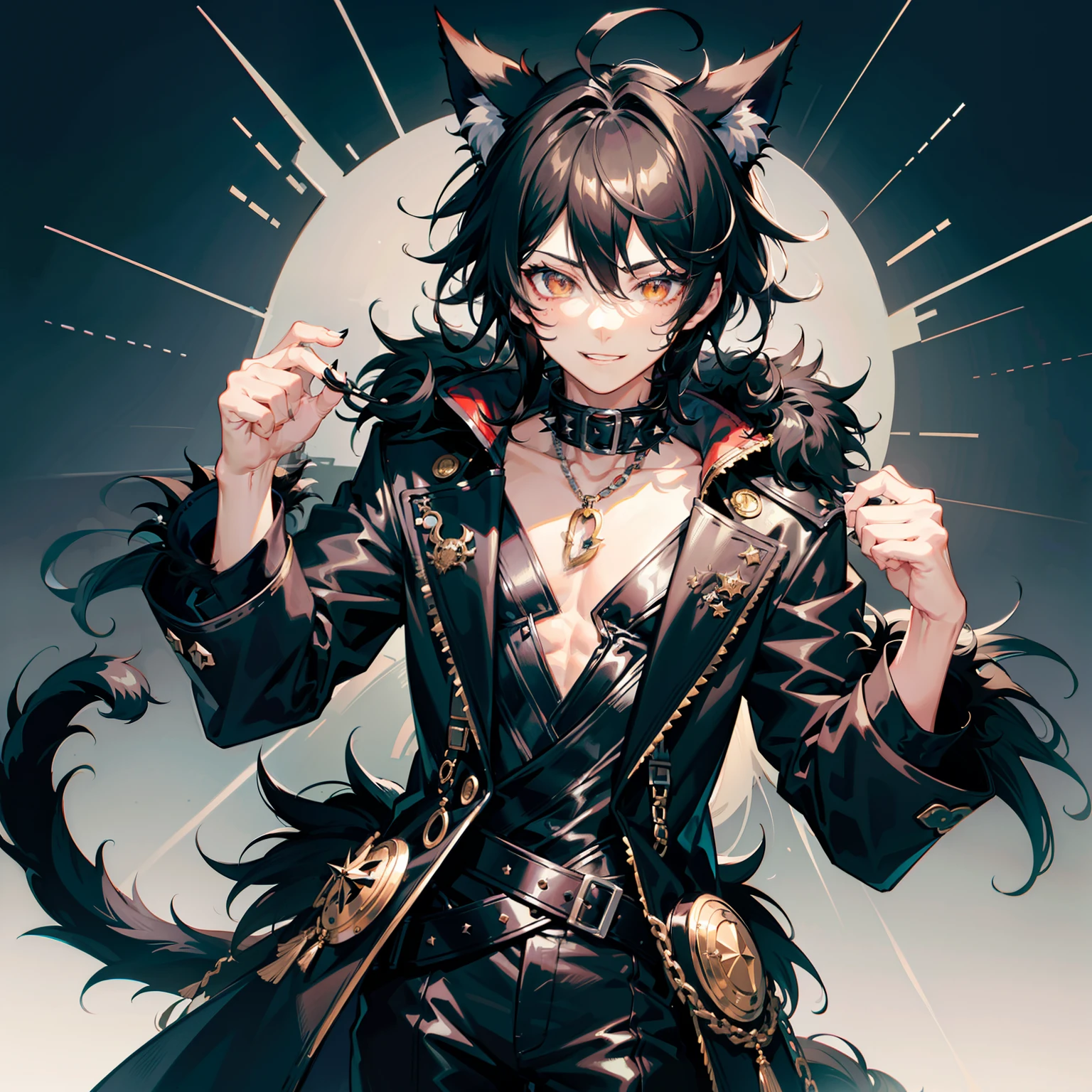 ultra detailed, best quality, finely detail, anime boy, 1 boy, male, black hair, medium hair, messy spiky hair, black fur jacket, black clothes, cat ears, animal ears, black feline tail, black shorts, smiling, anime hair, volumous messy hair, male, hood around the neck extremely large