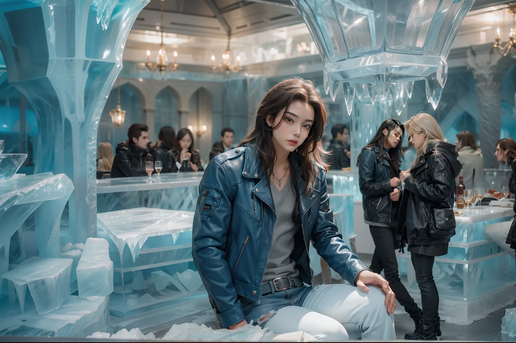 The prince that every girl desires, long hair, Blue leather jacket, jeans. Inside a ice palace and ice bar.