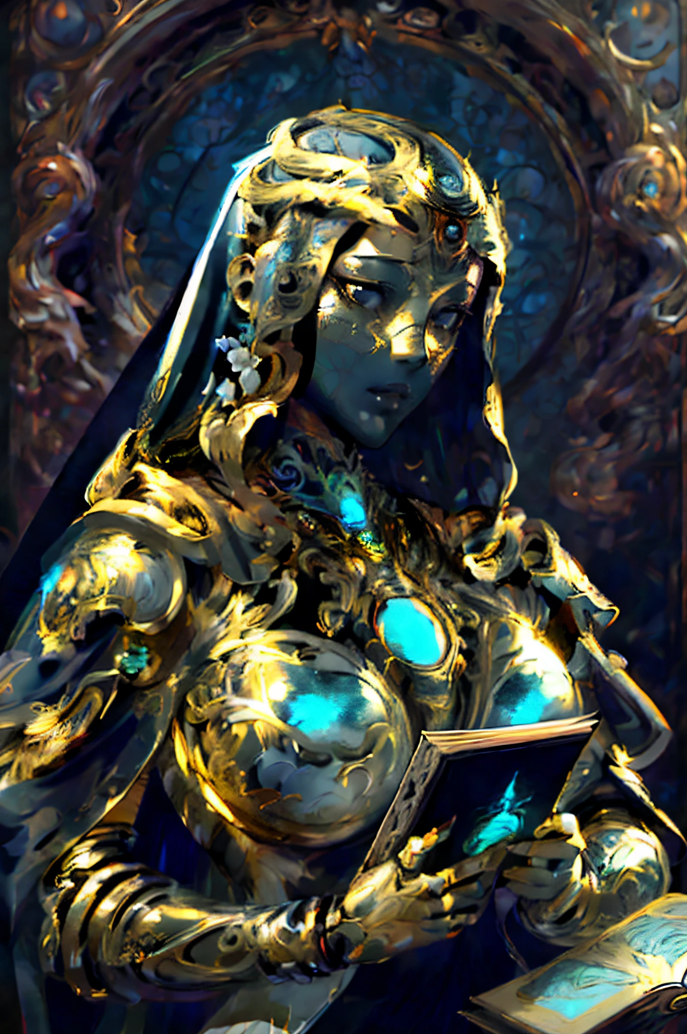 Masterpiece of a female gold biomechanical robot with a (white renaissance statue face), pure black noir eye, wearing a veil and framing face, grotesque, detailed anatomy realistic, intricate detailed, intricate stained-glass background, holding a book - high quality, best quality, looking at viewer,