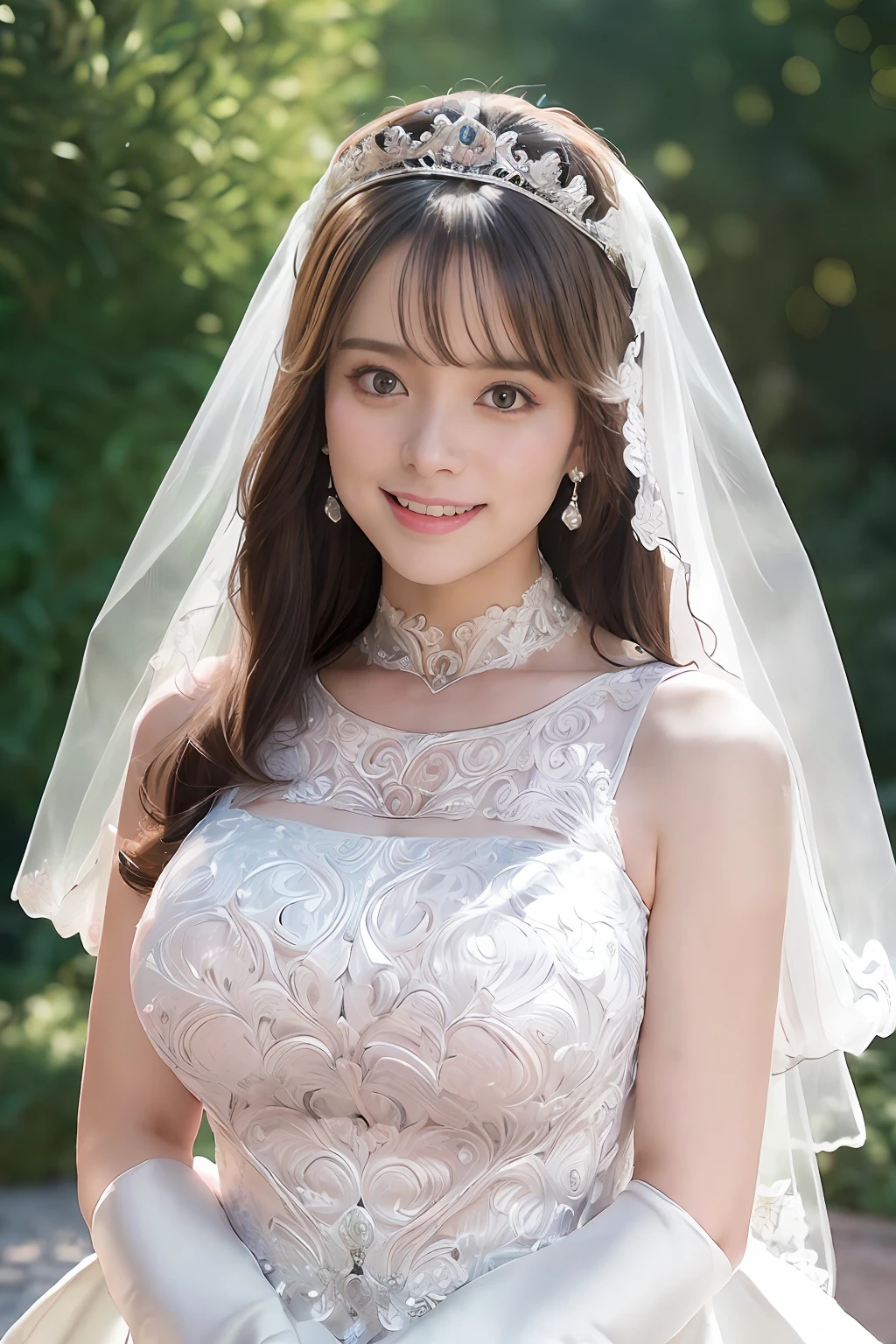 (Best Quality, masutepiece:1.2), (Realistic:1.3), (hyper detailed background, Detailed background), Bokeh,Shooting from the side,  ((medium breasts)), [Beautiful valley],(Princess Line Wedding Dresses:1.3),(((Square neck:1.5))), Bridal tiara, Bridal Veil, bridal gauntlets,  Upper body, Beautiful wedding venues near the sea, Teenage, Cute,Smiling,
