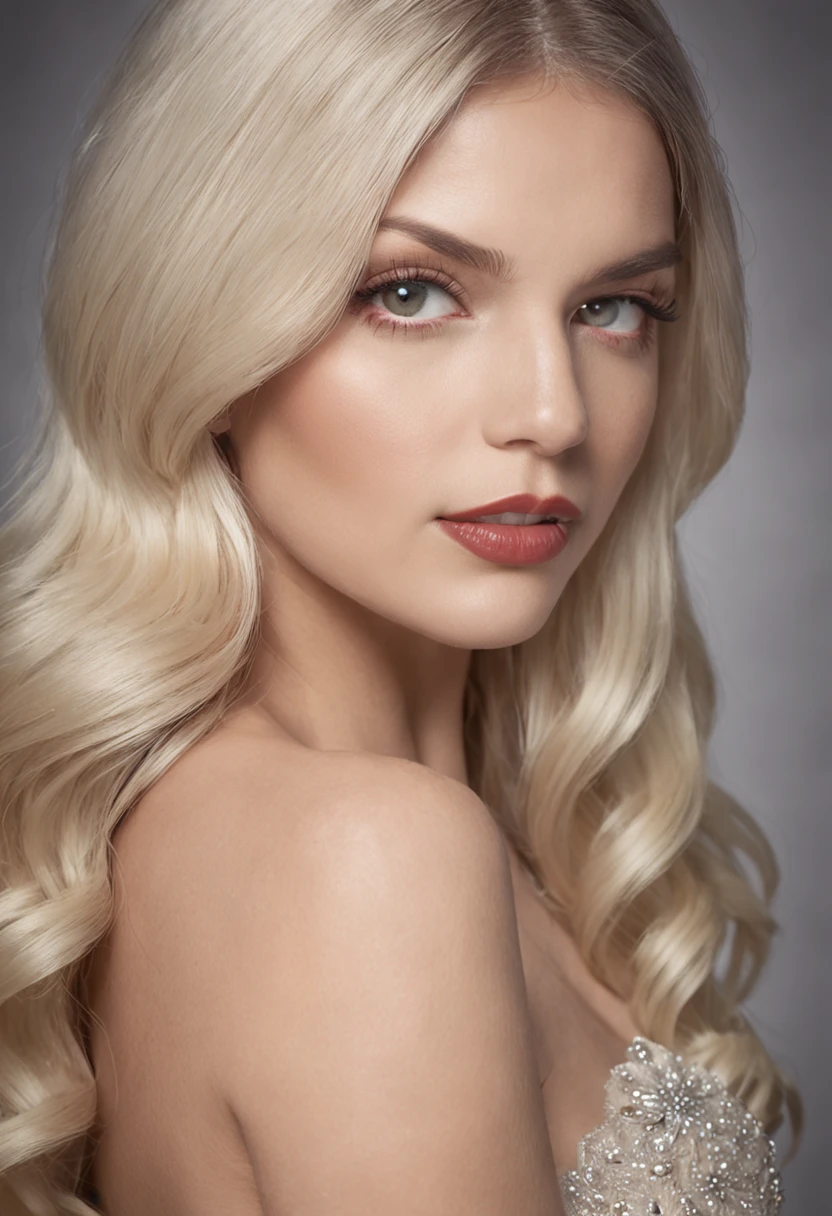 garota ajoelhada, cabelo longo e loiro, batom vermelho, olhos intensos, corpo esguio, pele brilhante