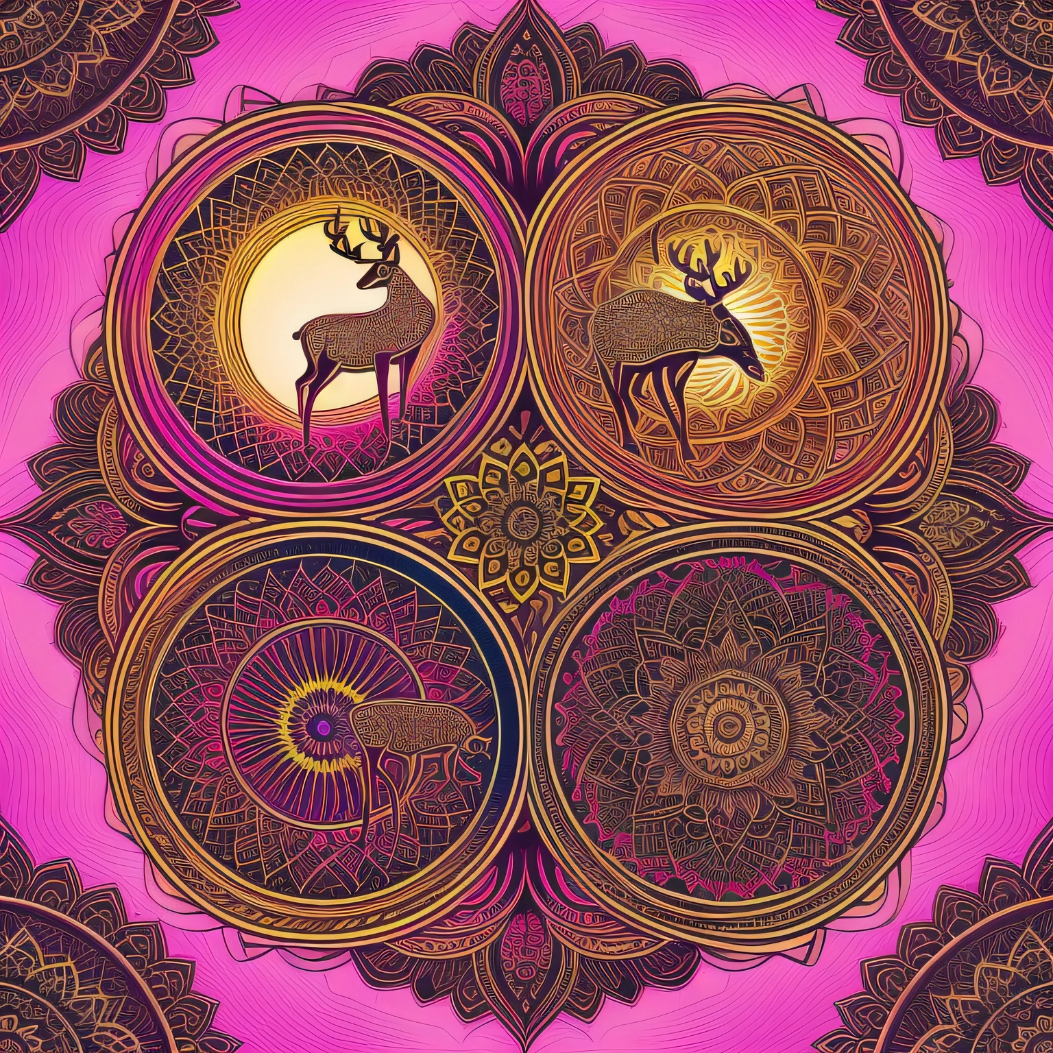 Ezo deer、vector art, psychedelic、EZO Deer logo、Deer line art logo, Married couple Ezo deer、Colored leaves、cherry trees、naturey、the setting sun, Full of life,hightquality、mandala(mandalas)、psychedelic aesthetic、3 colours, simple 、It features a simple、Coexistence