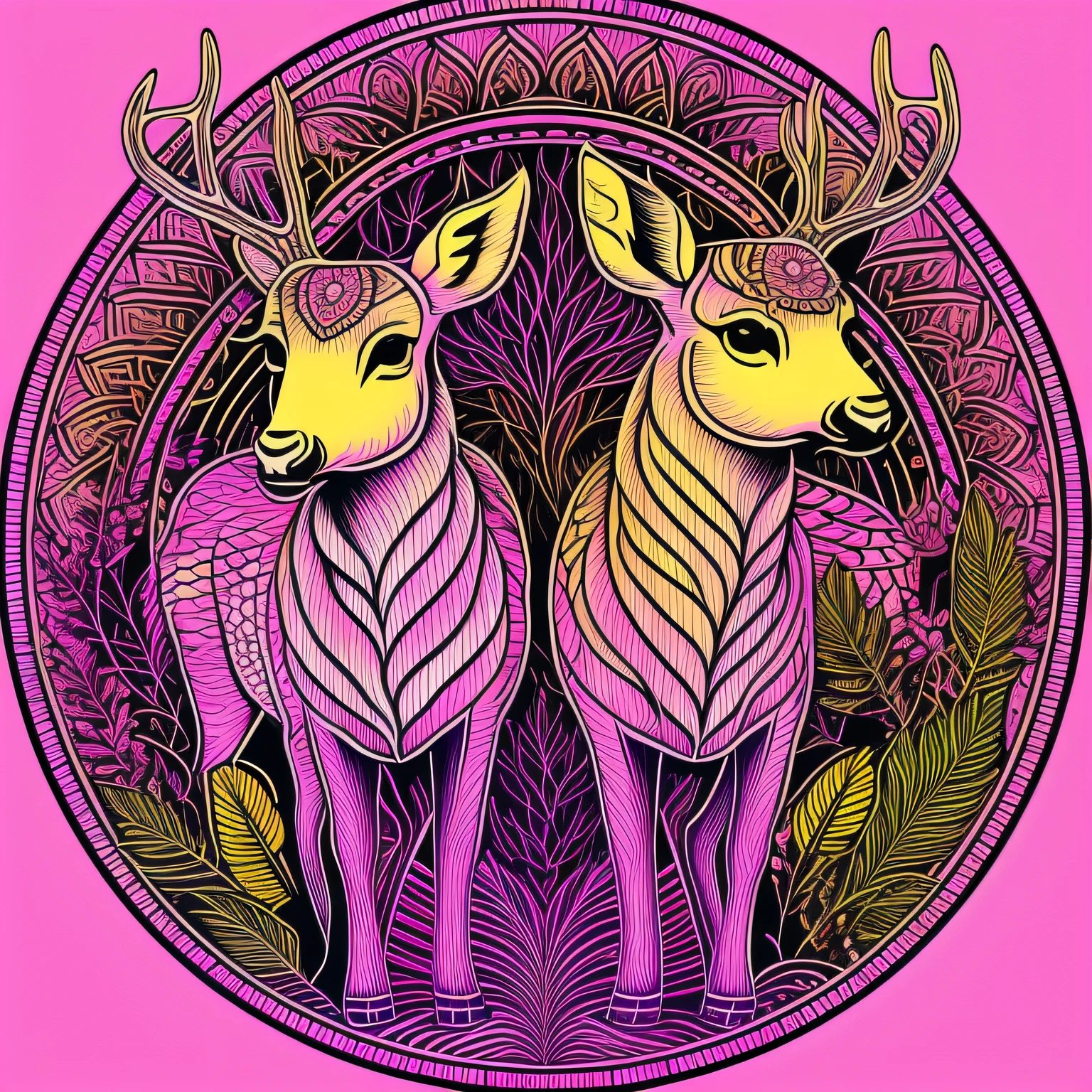 Ezo deer、vector art, psychedelic、EZO Deer logo、Deer line art logo, Married couple Ezo deer、Colored leaves、cherry trees、naturey、the setting sun, Full of life,hightquality、mandala(mandalas)、psychedelic aesthetic、3 colours, simple 、It features a simple、Coexistence