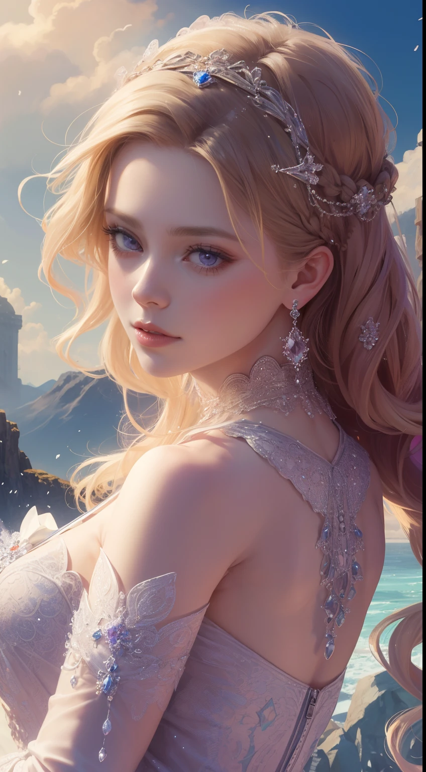 tmasterpiece,Highest high resolution,Dynamic bust of beautiful royal lady,Delicate blonde braided hair,Purple clear eyes,The hair is covered with beautiful and delicate floral craftsmanship, Crystal jewelry filigree,Ultra-detailed details,upscaled。