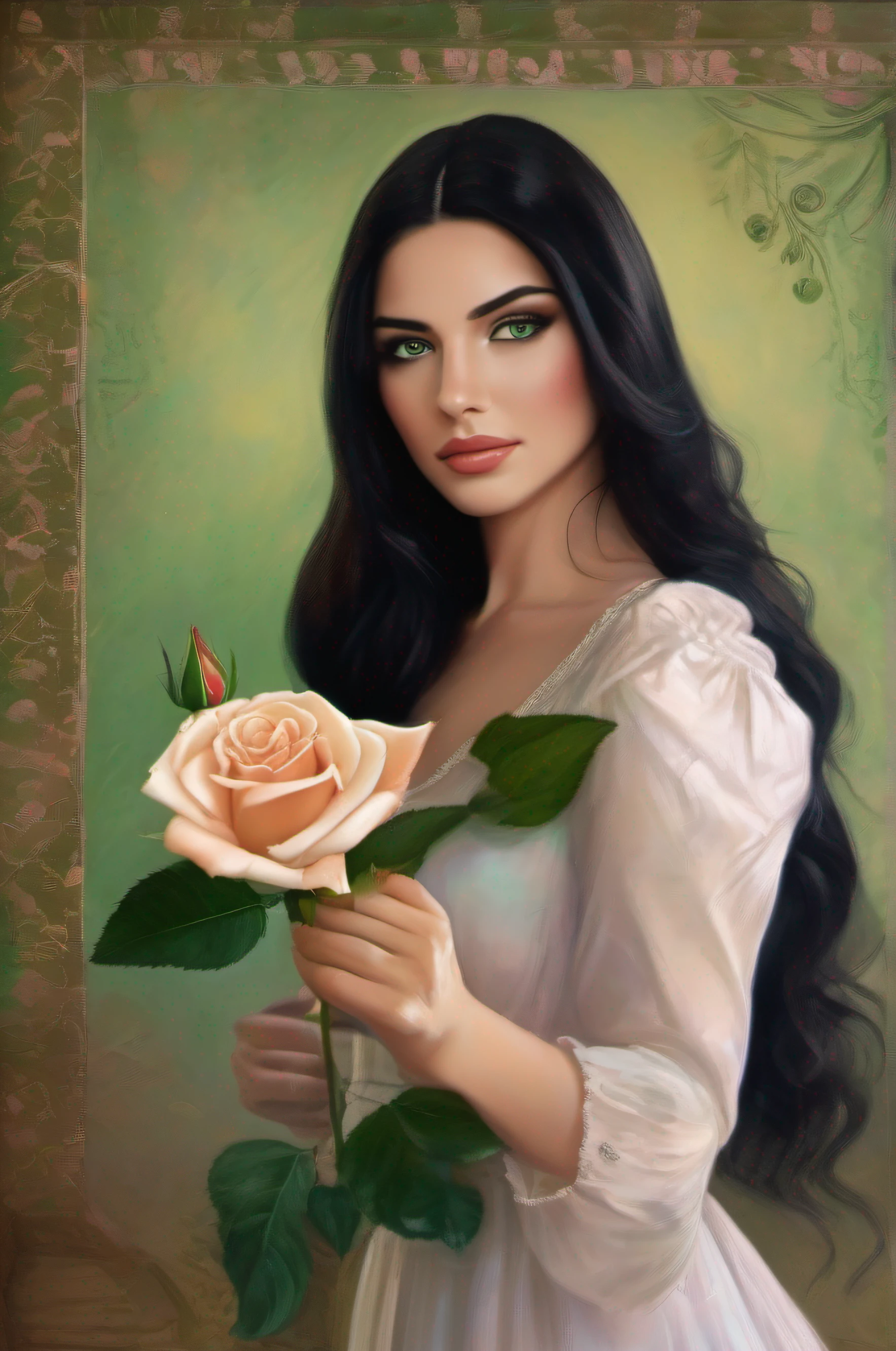 A brunette man with green eyes and a rose in his hand offers it to the woman with long black hair down to her waist, also with green eyes, em um vestido soltinho, The Realistic Image.