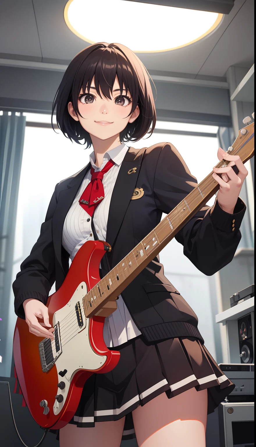 (((NSFW)))、((Masterpiece, Highest quality、Super detailed, Attention to detail))、Tabletop、girl、((high school girl、Black Hair、Short Hair、Slit eyes、Red Eyes、eight-headed body、Model-like style、Slender、School uniforms))、(White Shirt、Black Skirt、Black knee-high socks、Black Loafers)、Silver earringultiple silver accessories、Silver Ring、Silver Ring、bandギャル、(((Red electric guitar)))、(((liveハウス、live、band、Dim lighting、Standing and playing guitar)))、((live中、Playing the guitar、In front of the audience))、((No bra、No underwear))、(((Sweating a lot、Sweat dripping、Sweat vapor)))、(((Body odor)))、((Sweaty smell、Clothes get wet、Sweat stains))、((((Love juice overflows from the vagina))))、((Angle from below、I can see the vagina))、((Skirt flipped up))、smile