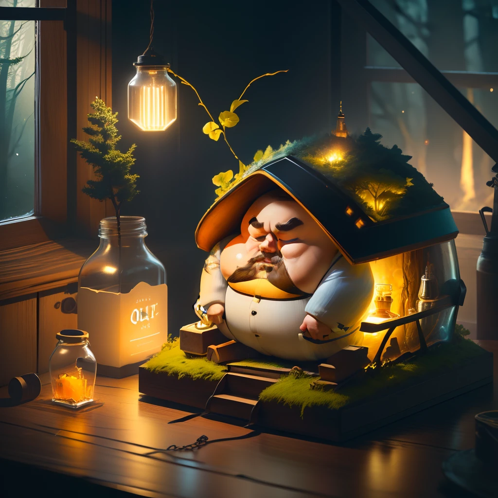 (Fat man trapped in a bottle), Atmospheric Oliva lighting, On a table, 4K ultra HD, Dark vibes, ultra - detailed, Bright colors forest background, Epic composition, rendering by octane, Sharp focus, High-resolution isometrics