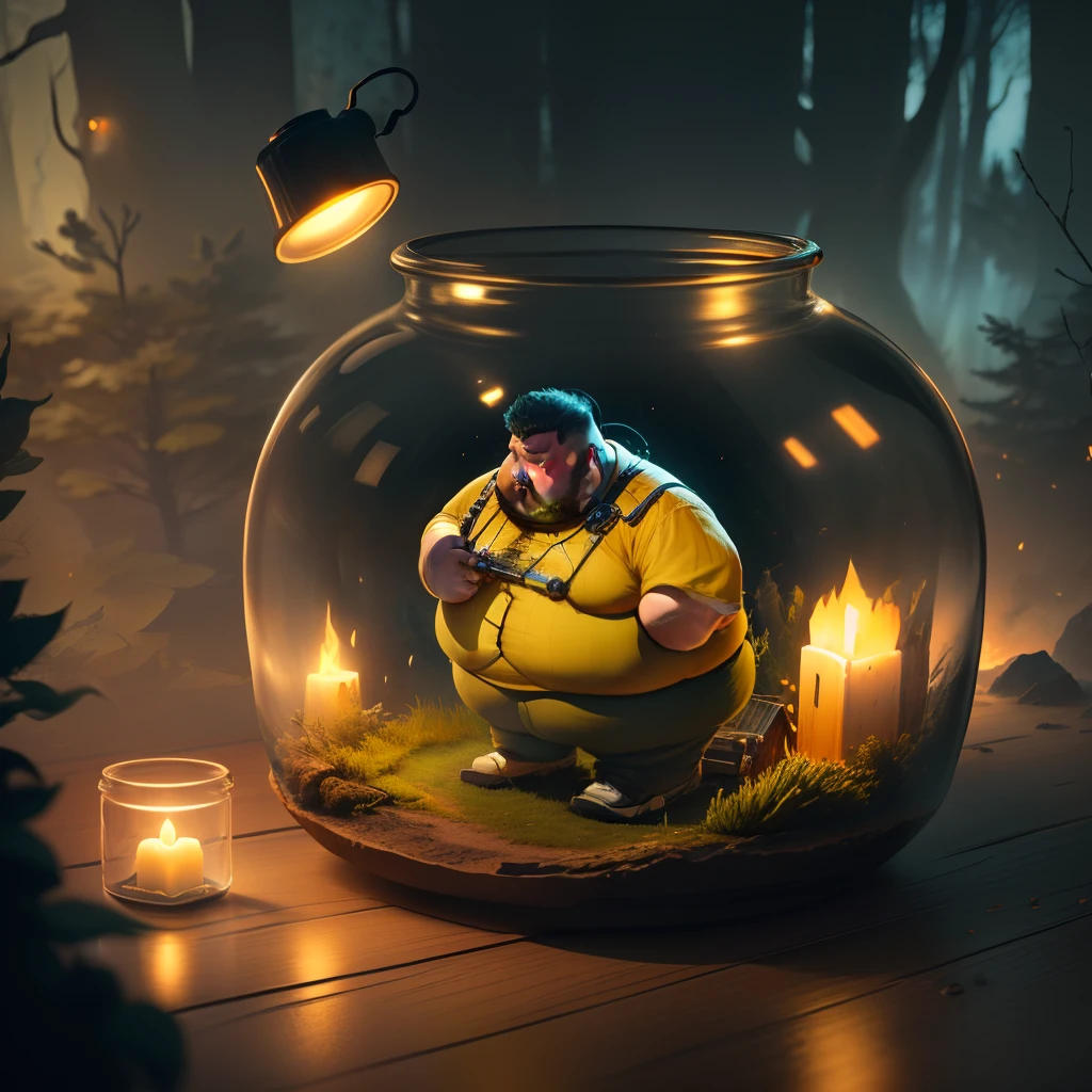 (Fat man trapped in a bottle), Atmospheric Oliva lighting, On a table, 4K ultra HD, Dark vibes, ultra - detailed, Bright colors forest background, Epic composition, rendering by octane, Sharp focus, High-resolution isometrics