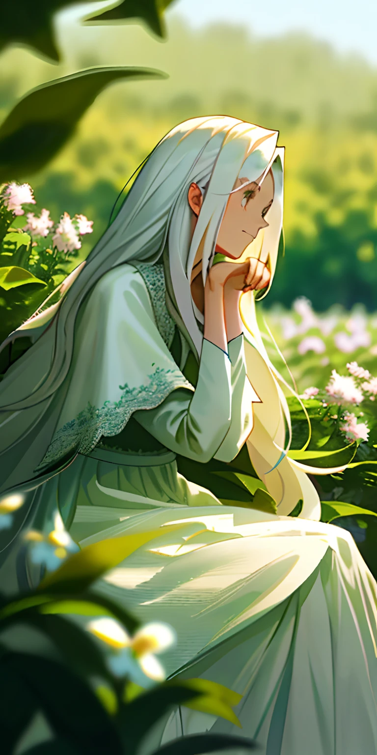 (masterpiece, best quality),1girl with long white hair sitting in a field of green plants and flowers, her hand under her chin, warm lighting, white dress, blurry foreground