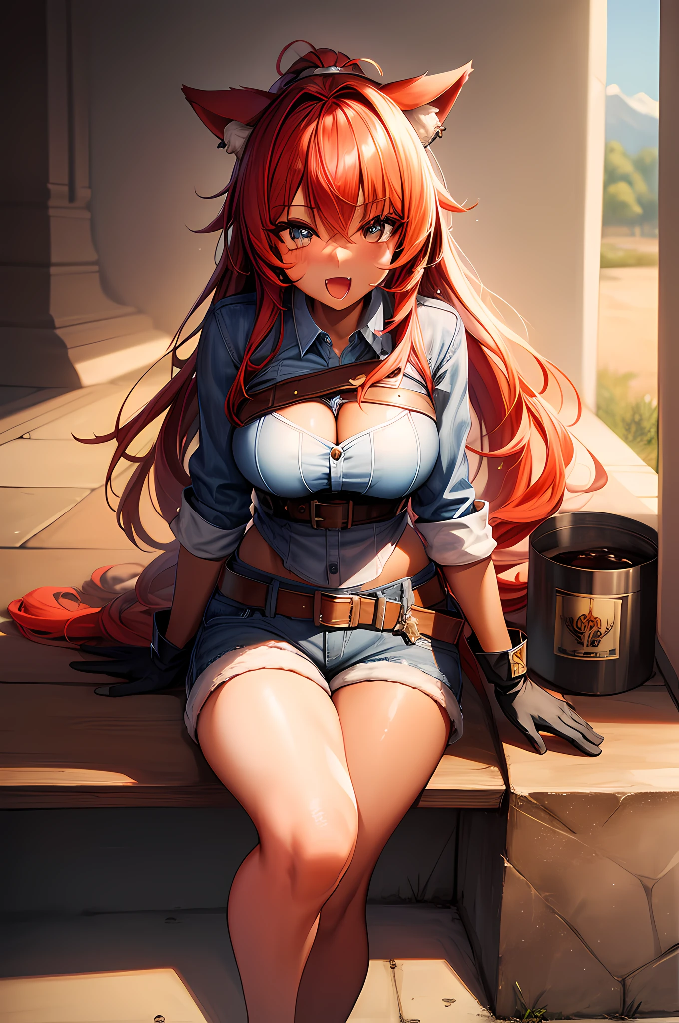 ((masterpiece, high quality, best quality:1.4)), (liru:1.1), solo, animal ears, wolf ears, (red hair:1.2), wolf girl, dark skin, dark-skinned female, long hair, blue eyes, extra ears, tail, wolf tail, ponytail, gloves, beltbra, shorts, large breasts, white denim shorts, denim, denim shorts, facial mark, fingerless gloves, thighhighs, fang, female, bust shot, erect nipple, 16k, UHD, best possible quality, ultra detailed, best possible resolution, Unreal Engine 5, professional photography, perfect_hands