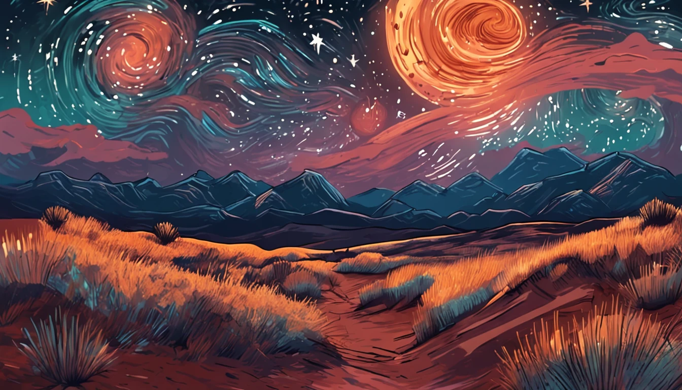breath-taking,Van Gogh style starry sky in quaint night sky,Rolling desert,the expanse,