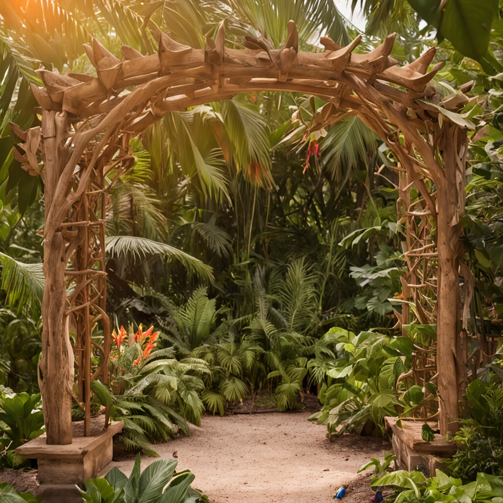 Tropical beach with wooden pergola at sunset with vibrance in a flower garden
