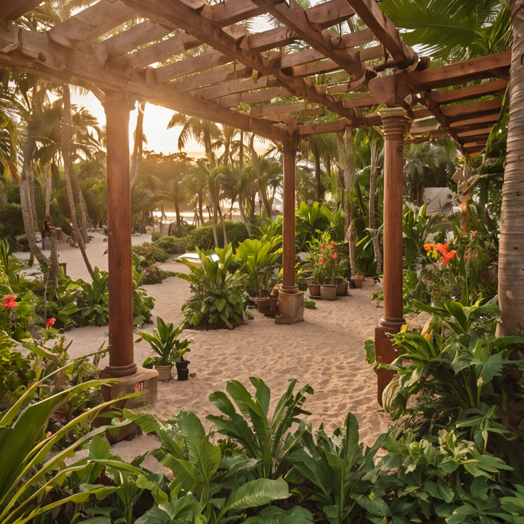 Tropical beach with wooden pergola at sunset with vibrance in a flower garden