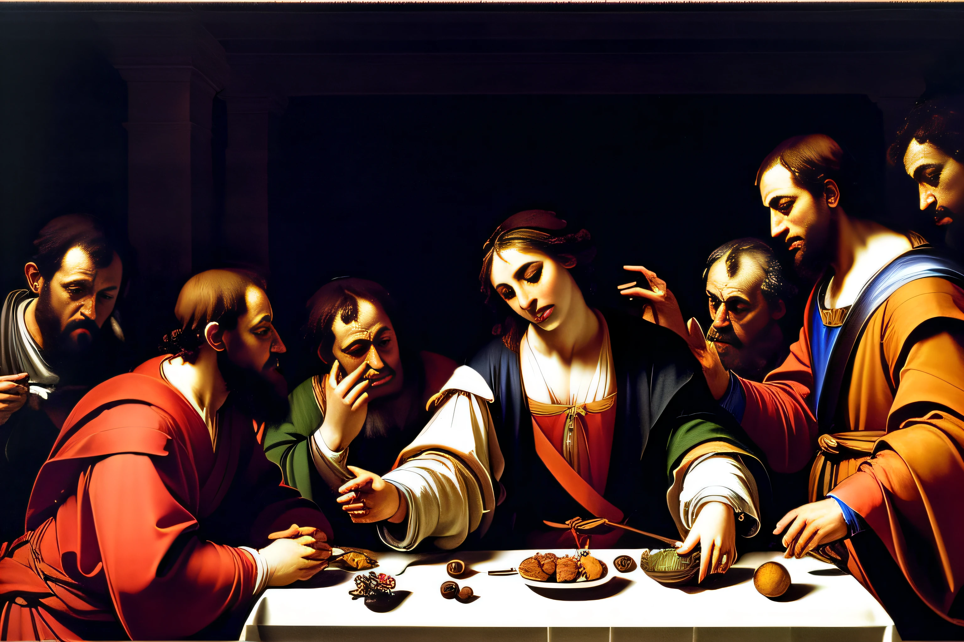 (((master part))) The Supper at Emmaus, 1601 Michelangelo Merisi da Caravaggio (1571-1610), high-resolution, Realistic, dramatic lighting, pincelada detalhada, cores ricas, intense emotions, Tema religioso.