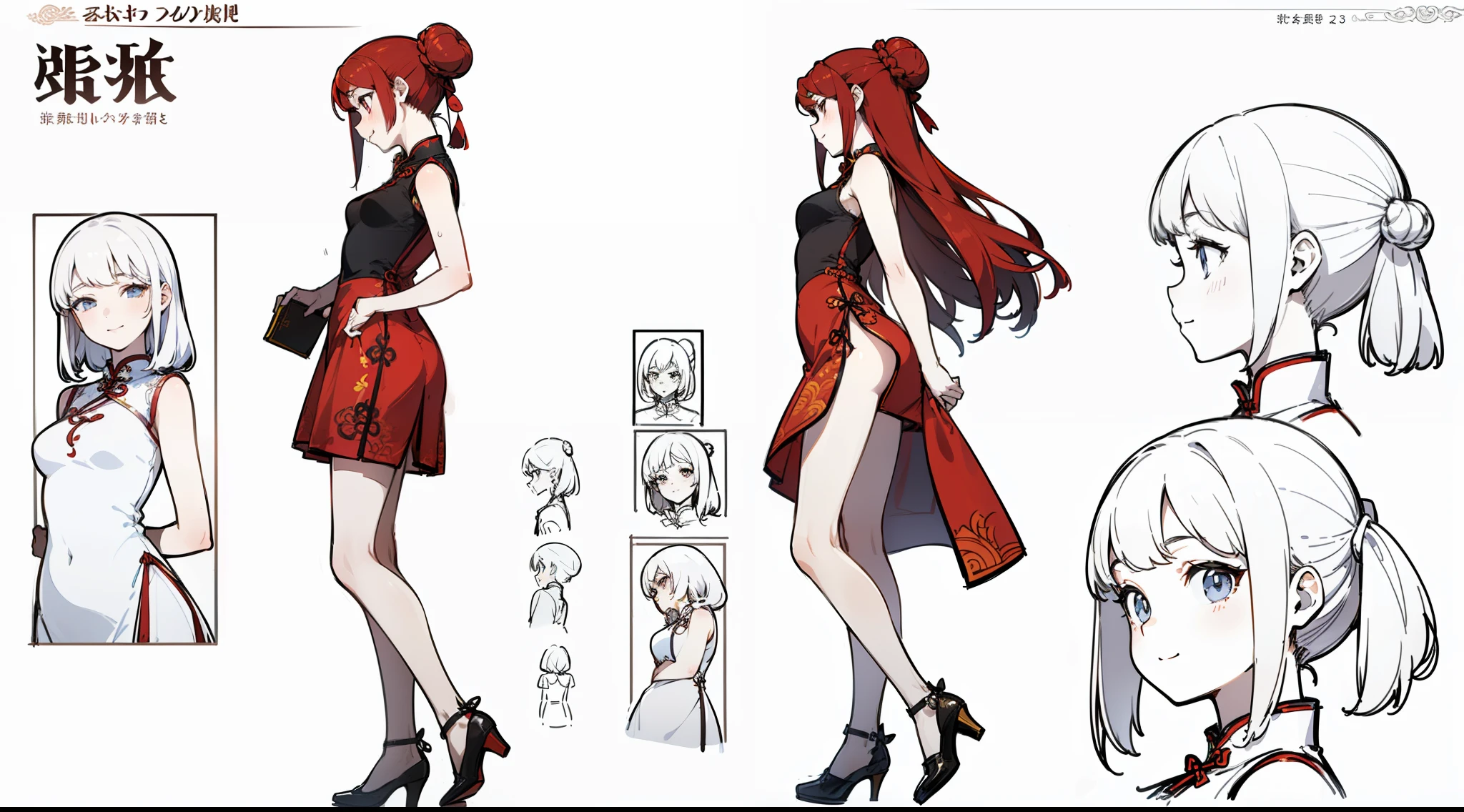 ((Best Quality)), ((Masterpiece)), ((Realistic)) 19 year old, redhead girl, shoulder length hair, relaxed happy face ((slender)) (busty), ((( cheongsam dress))) (((mini skirt))) ((sexy dress)) bun hairstyle, taking her shoe heels off standing up (((detailed character sheet, frontal view, side view, three quarter view))) (((white background))) 6 and a half heads full body