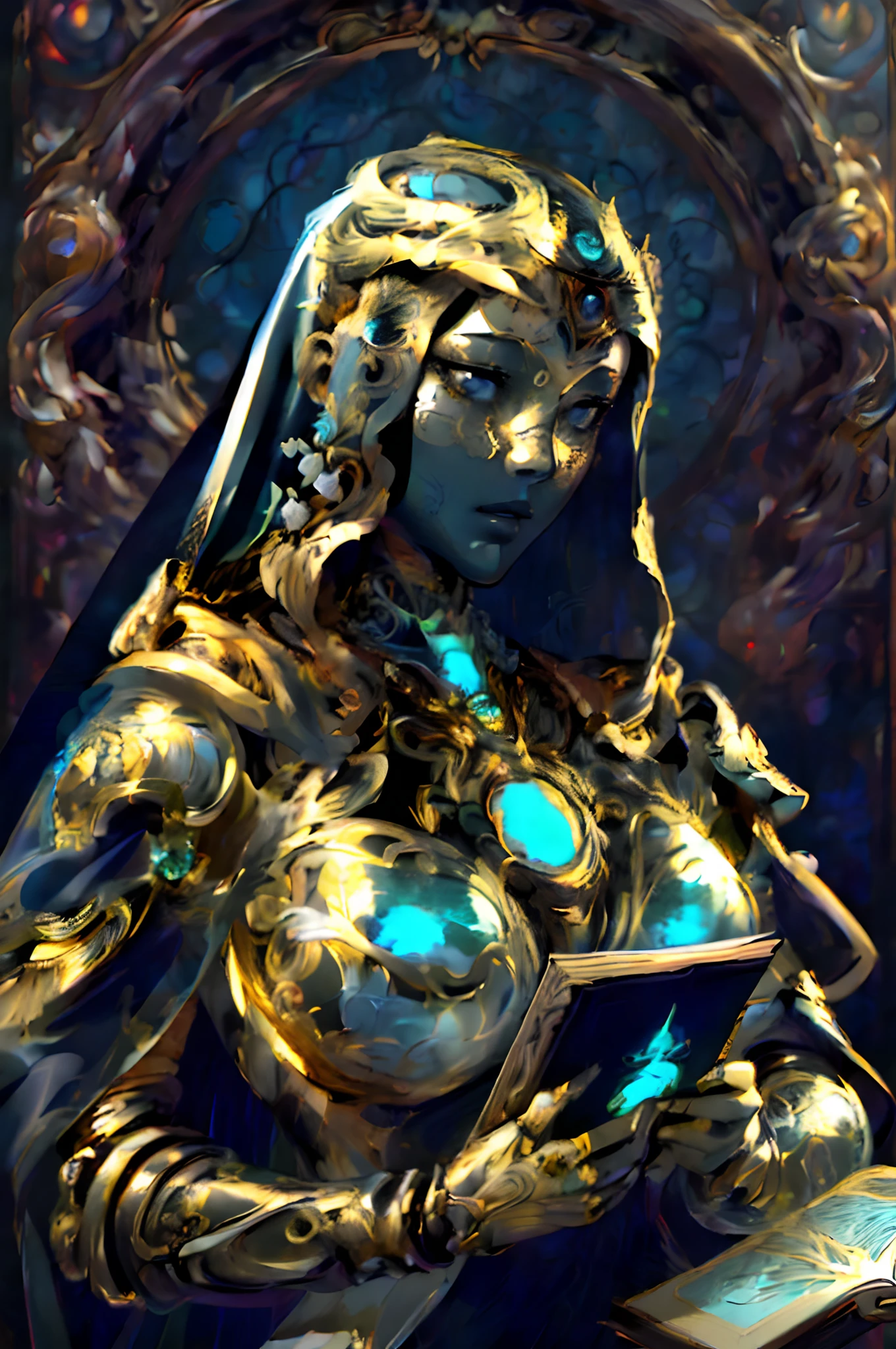 Masterpiece of a female gold biomechanical robot with a (white renaissance statue face), pure black noir eye, wearing a veil and framing face, grotesque, detailed anatomy realistic, intricate detailed, intricate stained-glass background, holding a book - high quality, best quality, looking at viewer,