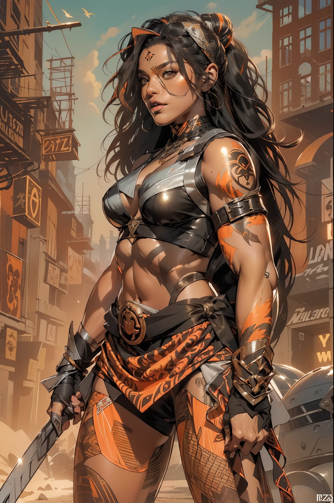 (((mulher))), (((melhor qualidade))), (((obra prima))), (((adulto))), laranja, A 30-year-old gladiator woman with an athletic body, (((sozinho))), (((1girl))) , Gladiadores do Brooklyn, quase nua no estilo selvagem urbano de Simon Bisley para a capa da revista Heavy Metal, cabelos pretos com ponytail, Minimum clothing, wavy pattern with orange and black katakanas, armadura, cheio de pontas e rebites, (((do joelho pra cima))), cabelo bob haircut preto