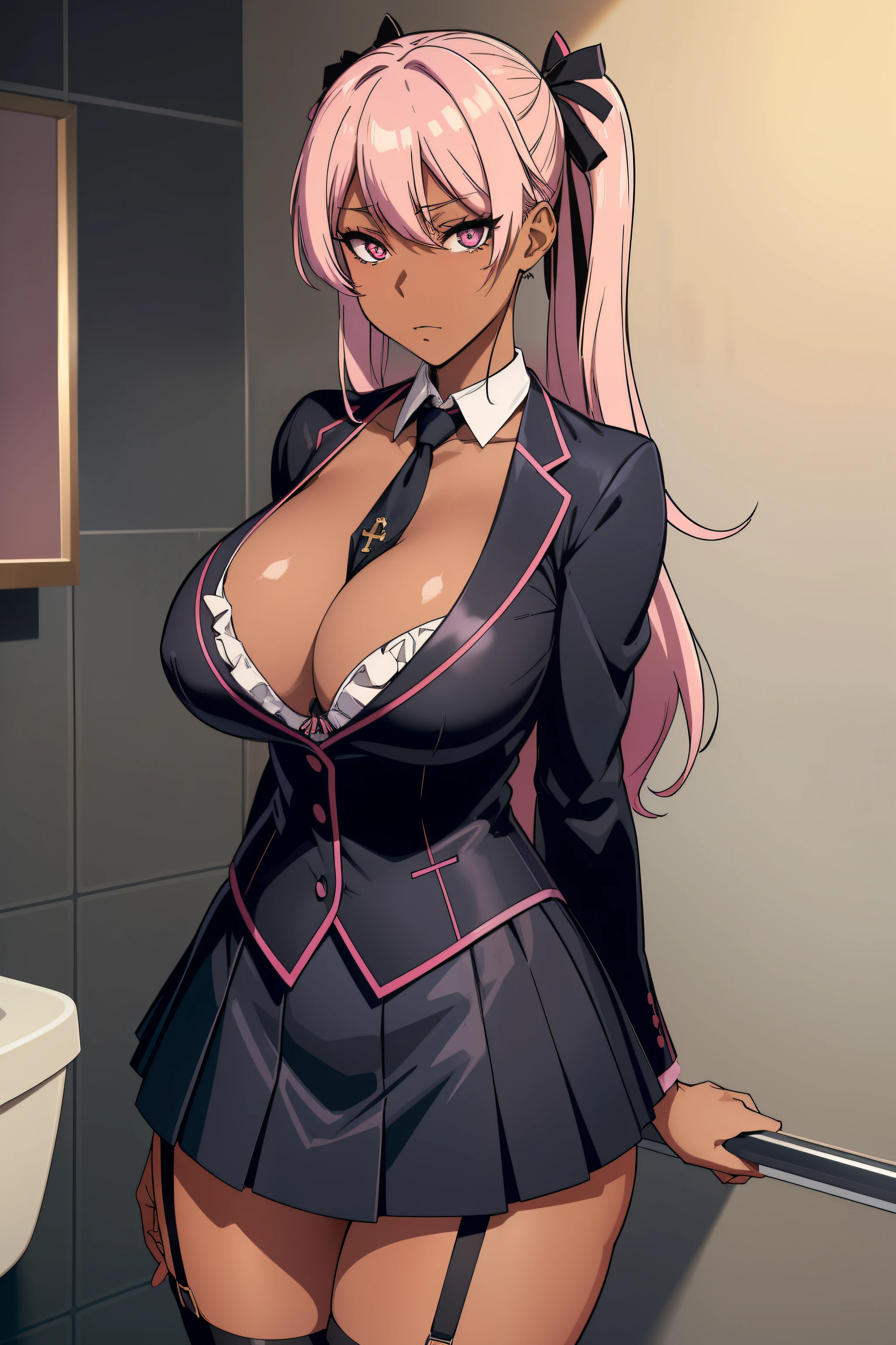 (masutepiece, hight resolution, Best Quality:1.2), 8K, Highly detailed, Convoluted, Colorful, vibrant image, Sharp Focus, Cinematic) Dakini, Dark-skinned_Female, Dark_skin, Pink_Eyes, Pink_hair, gals, body builder  (Wearing black business clothes, Black_Collared shirt cropped jacket ,tie,neck tie,black ruffle skirt, garter strap, Leather waist belt, hair_bow ribbon,) Huge breasts (big perfect round breasts,Hourglass body, thin waist,very thin waist, photographrealistic,(hyper realisitic:1)Beautiful, masutepiece, Best Quality, extra detailed face,Perfect face,Beautiful face, Perfect Lighting,detailed eye makeup, Detail Face, Nice detailed eyes,nice hand, Perfect hands, (Realistic pupils,realistic iris:1) heavy eye makeup, (standing at attention)(The background is an empty bathroom)、Large breasts spilling out of the chest、ahe face、opening legs