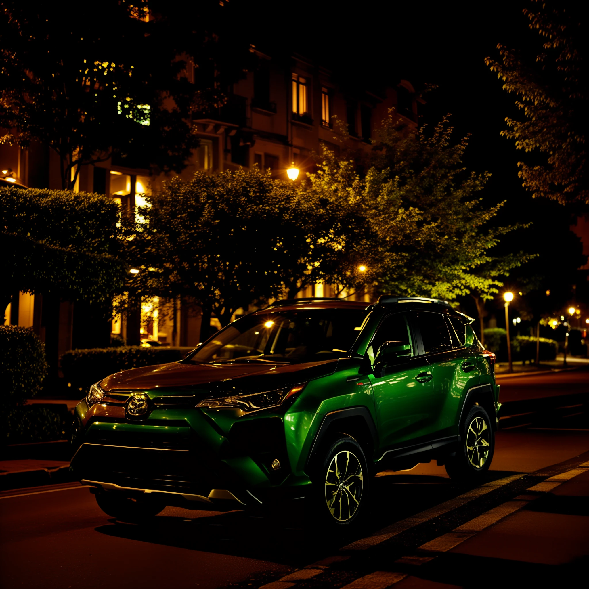 a green Toyota RAV4, parked on a street in Geneva in Switzerland , at night, so far distance shot, casual.
