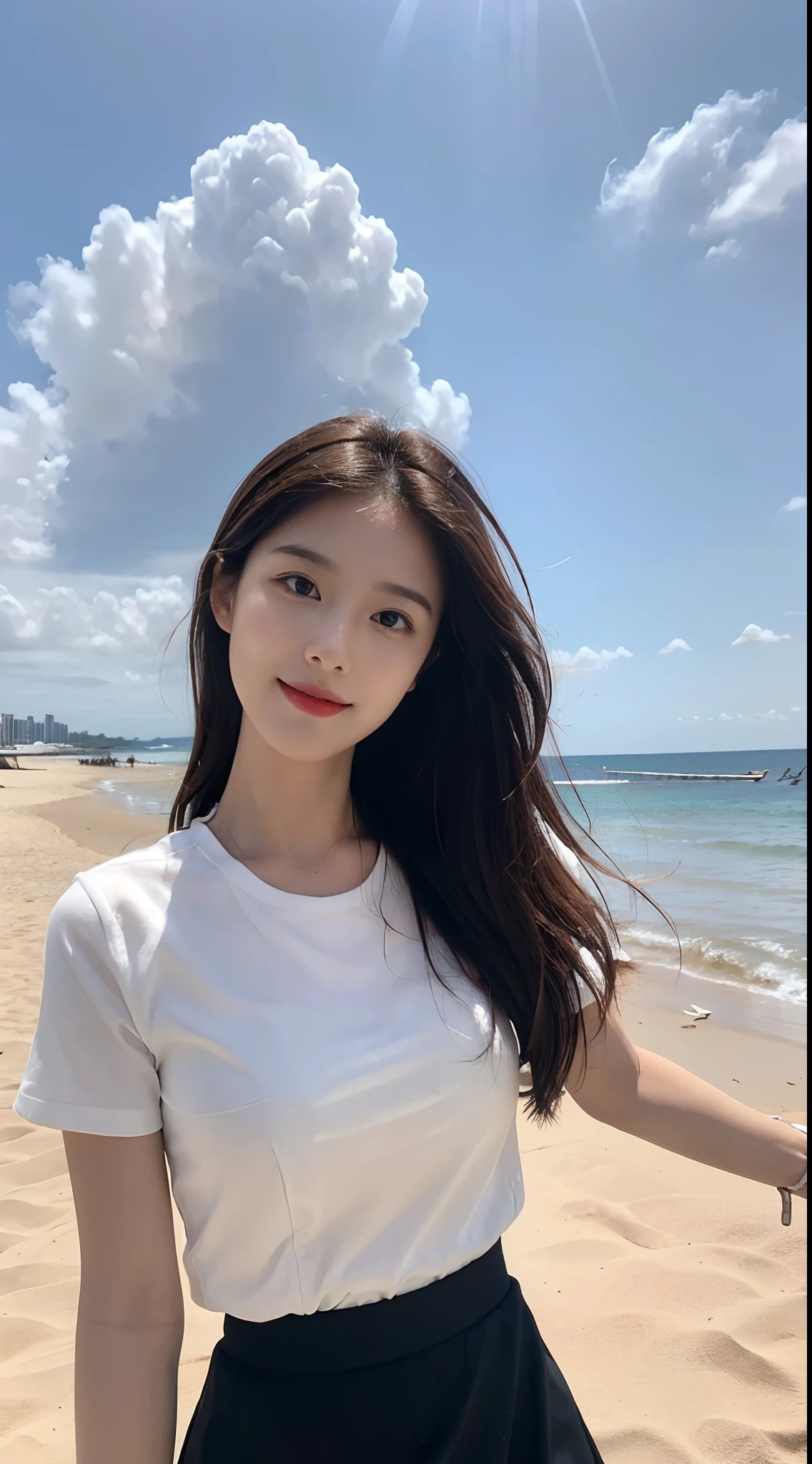 ((Best picture quality, 8K, tmasterpiece: 1.3)), self-shot, Sharp focus: 1.2, A cute beauty with a perfect figure: 1.4, Slim, ((Brown hair black)) , (whitet-shirt,pleatedskirt,Highly detailed face,Happy expression,standing on your feet:1.2),((with blue sky and white clouds,Beach by the sea:1.3. Produced with a major focus on women)),Highly detailed facial and skin texture,Detailed eyes,二重まぶた