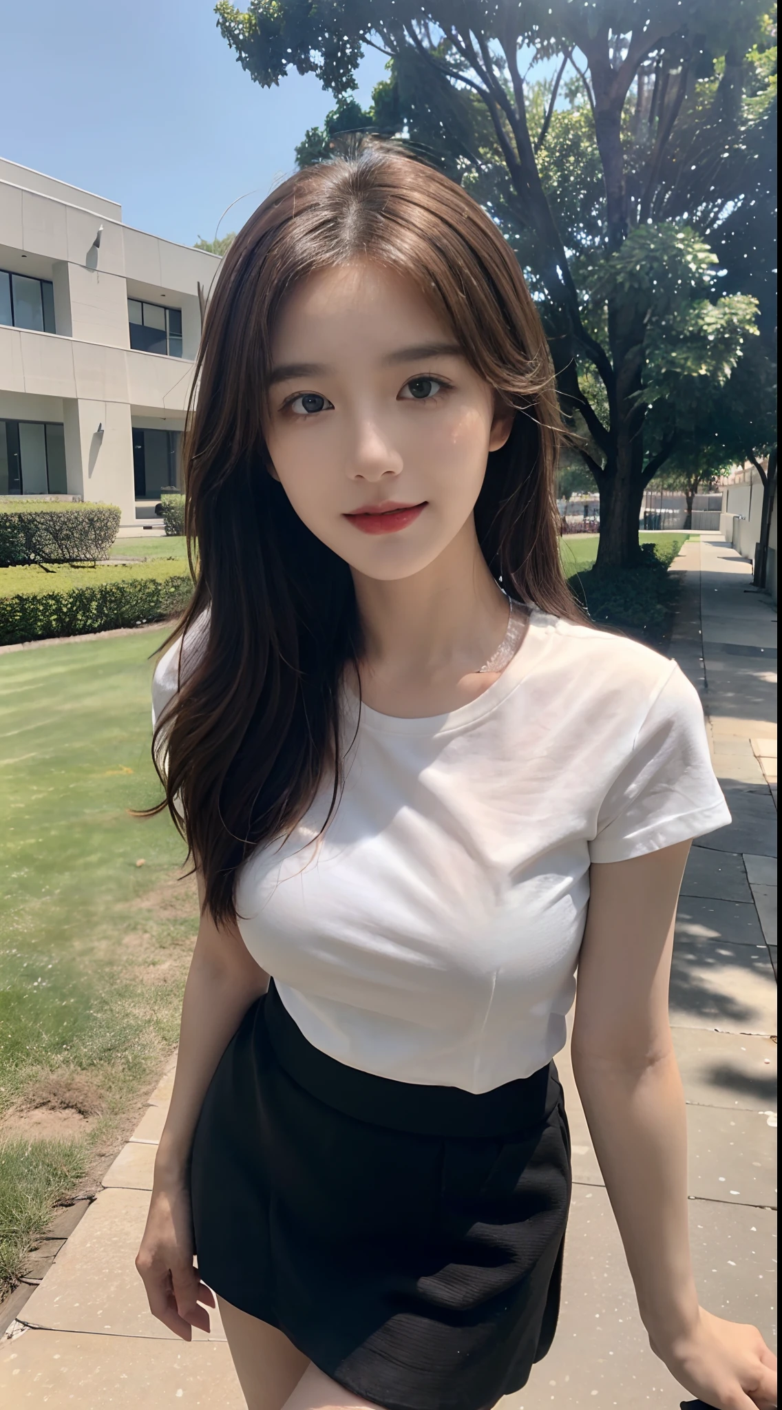((midynight, Acura, 8K, tmasterpiece: 1.3)), full bodyesbian, long leges, Focalors: 1.2, perfect figure beautiful woman: 1.4, Slim abs: 1.1, (dark brown hair,: 1.2 )), (Champagne skinny T-shirt, short skirt,sitting on a stool: 1.2), (city night scene, the roof: 1.3)), Highly Detailed Face and Skin Textur, detailedeyes, 二重まぶた,