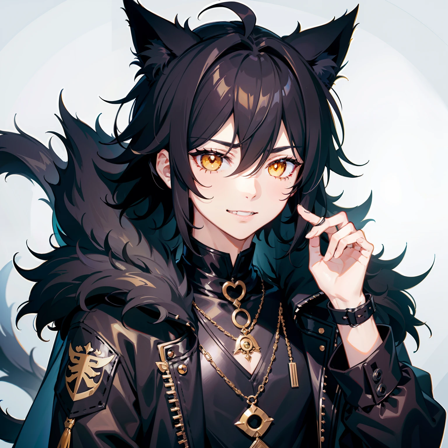 best quality, anime boy, 1boy, male, spiky black hair, short hair, messy spiky hair strands, golden eyes, extremely detailed eyes, empty eyes, black fur coat, cat ears, animal ears, black feline tail, chain around the neck, serrated teeth smile, no blush, smile