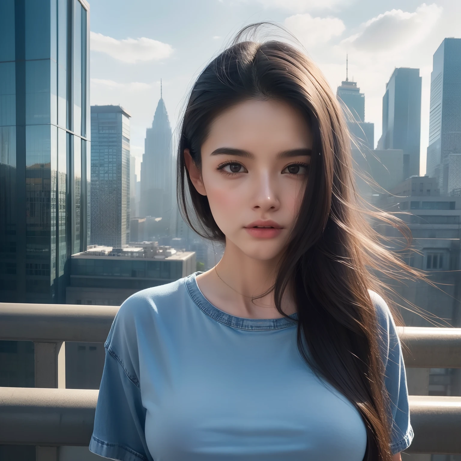 highest quallity, illustration, ultra detailed, (detailed face), (detailed eyes), soft lighting, best quality, hazy glow, dreamy atmosphere, hyper detailed, masterpiece, 1girl, solo, t shirt, jeans, abs, muscle, outdoors, morning, clouds, tall buildings in background, industrial, public transportation, urban, concrete buildings