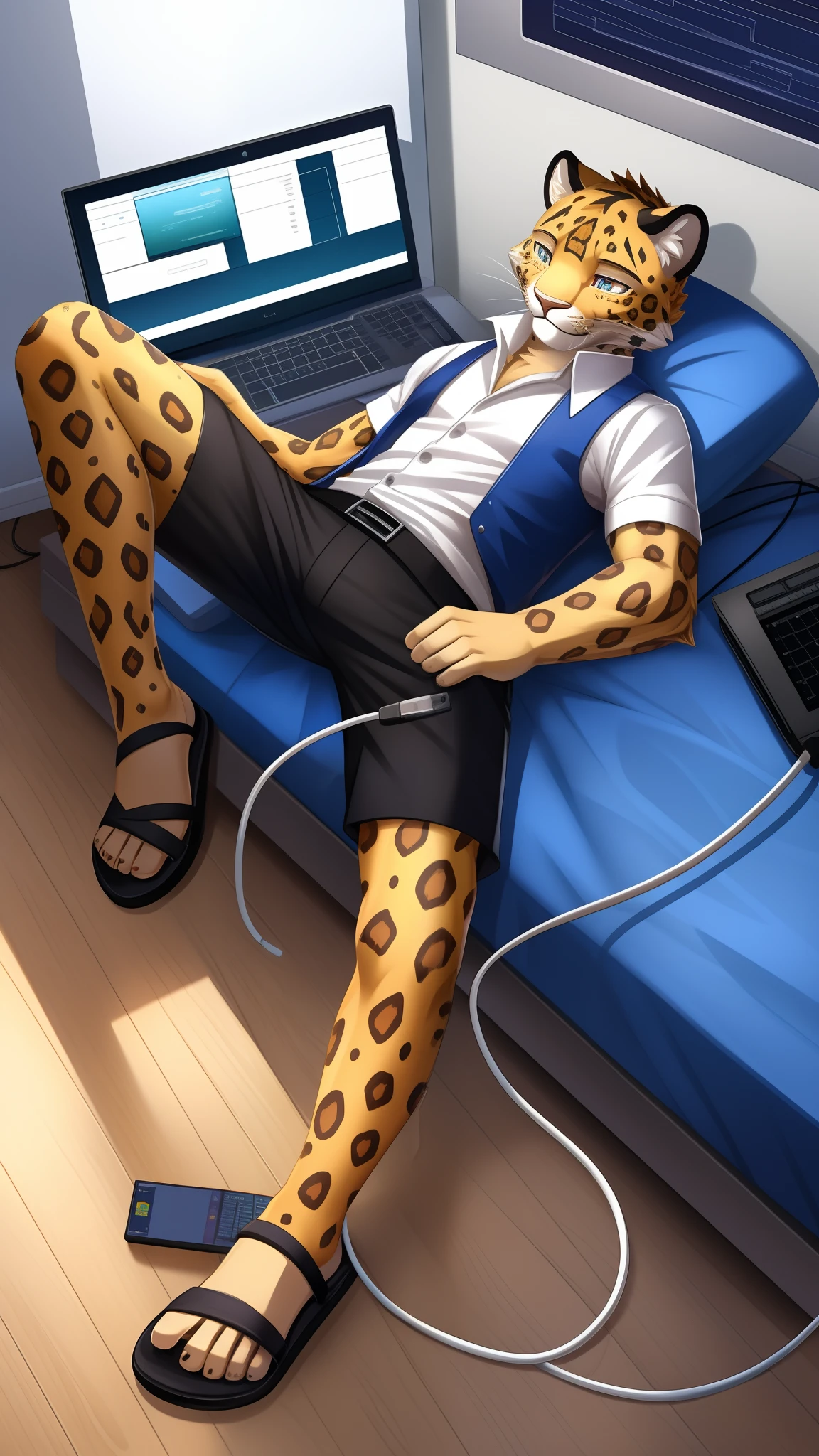 Golden hi-fi mechanical Leopard，Wear white vest，Black  shorts，sandals。electrical wires，Electric currents，Computer，Lie on the charger