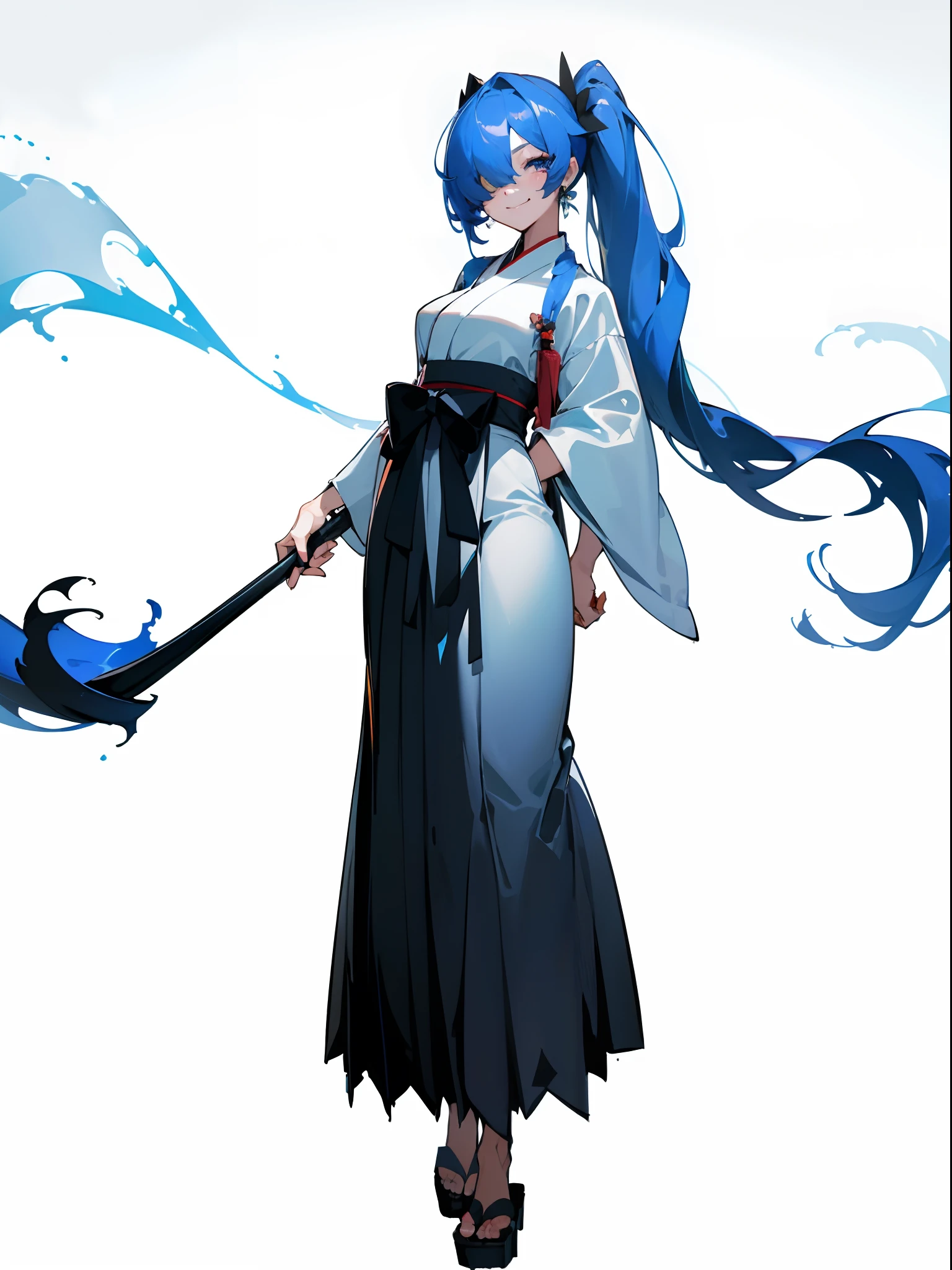 (top-quality、​masterpiece:1.2), 1girl in, Beautiful fece, (White Doshi、Long Black Hakama), poneyTail, long hair of light blue near white,,,,,,, Blue eyes, Colossal tits, elegent, enticing, Beautiful and well-groomed face, beautidful eyes, beautiful hairl, slick skin, Beautiful mouth,  (Hair over one eye), (one eye covered), (Vicious look、Vulgar smile), Anatomically correct,full body Esbian