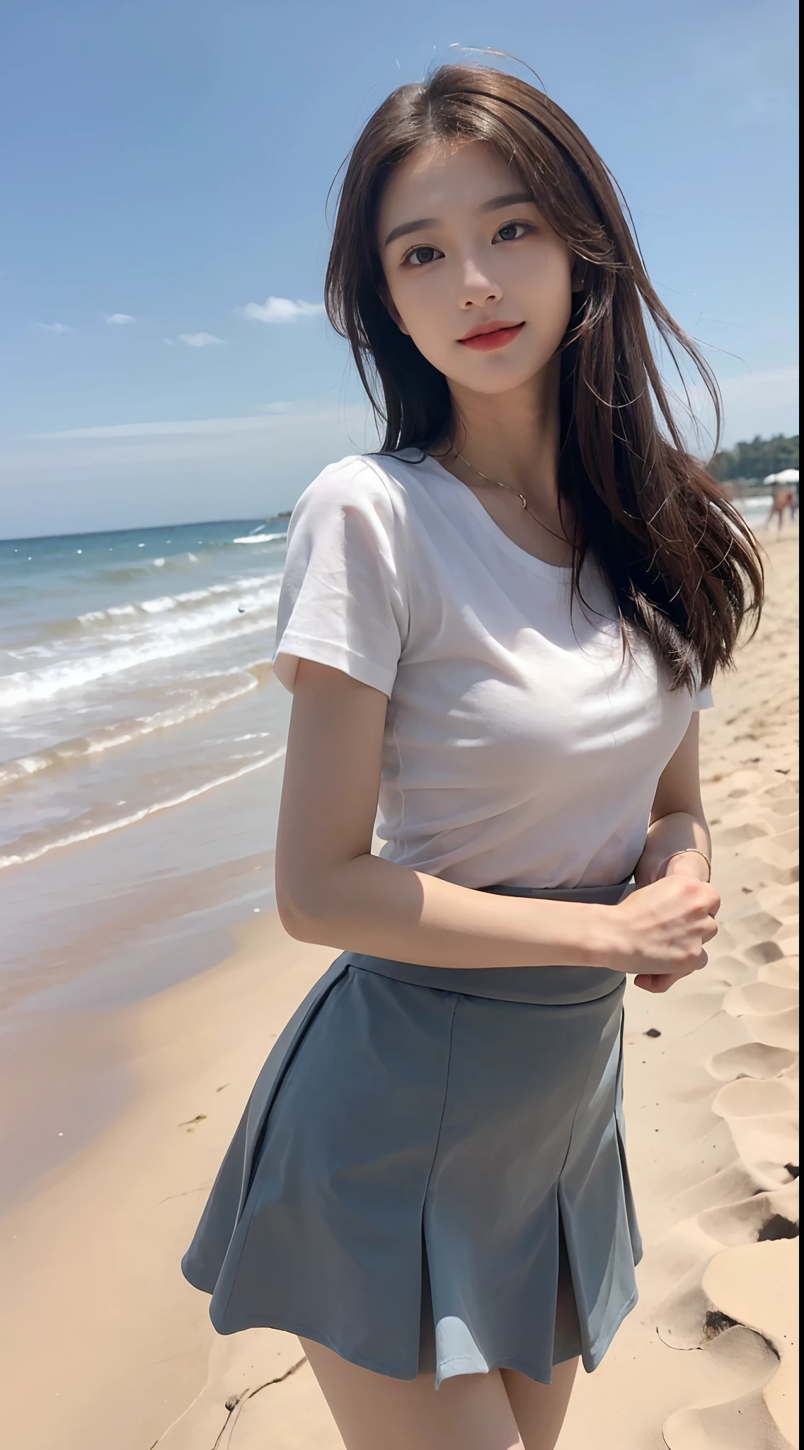 ((Best picture quality, 8K, tmasterpiece: 1.3)), self-shot, Sharp focus: 1.2, A cute beauty with a perfect figure: 1.4, Slim, ((Brown hair black)) , (whitet-shirt，pleatedskirt，Highly detailed face，Happy expression，standing on your feet：1.2），（（with blue sky and white clouds，Beach by the sea：1.3. Produced with a major focus on women）），Highly detailed facial and skin texture，Detailed eyes，二重まぶた