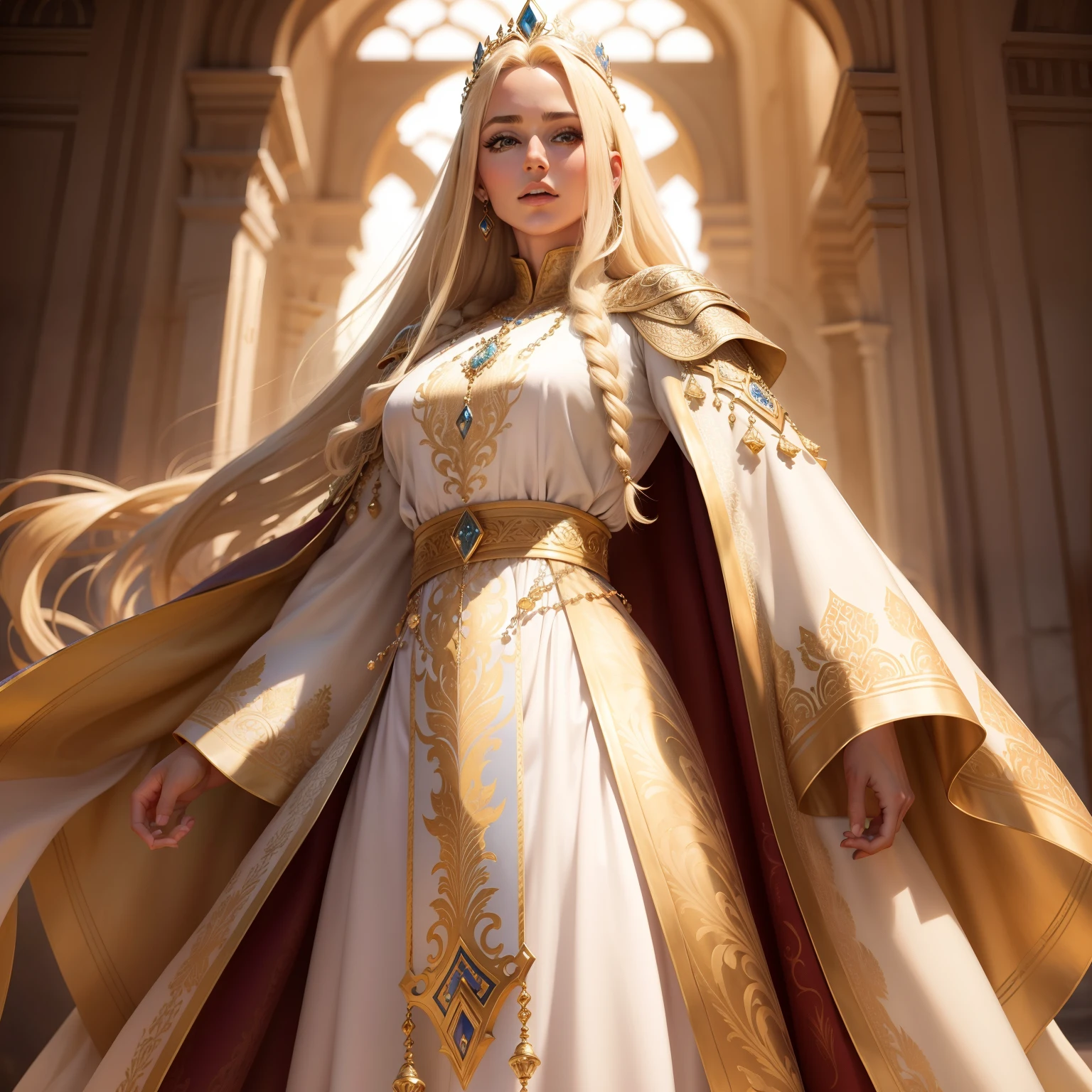 European Princesse blond hair jewlery super detailed hyper realistic master piece caftan marocain couvre son corps entier full outfit