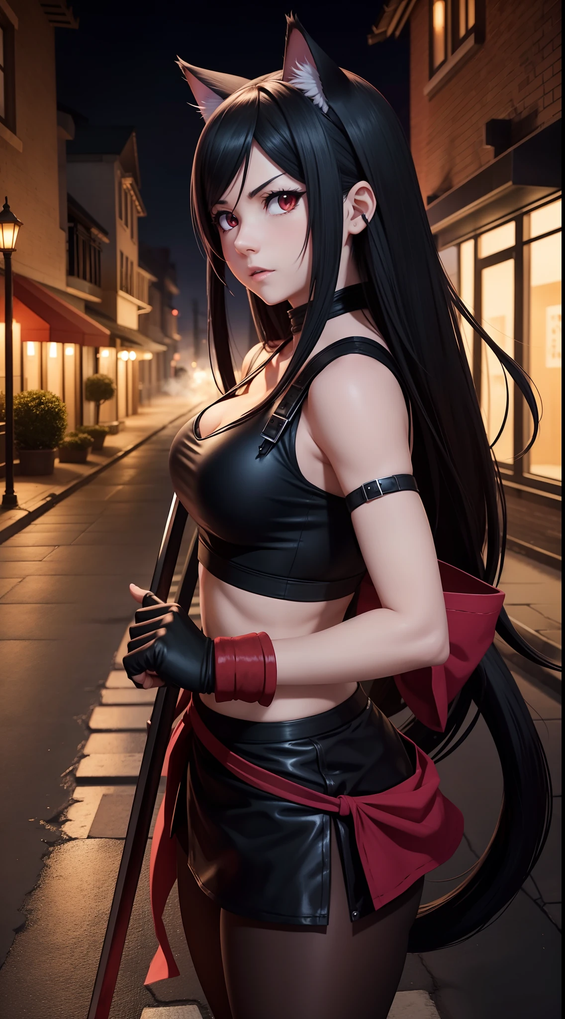 Tifa Lockhart as Nezuko Kamado Demon's Slayer with cat ears and tail cat in a Scary street, Scary Fog in the Street, Nighttime
