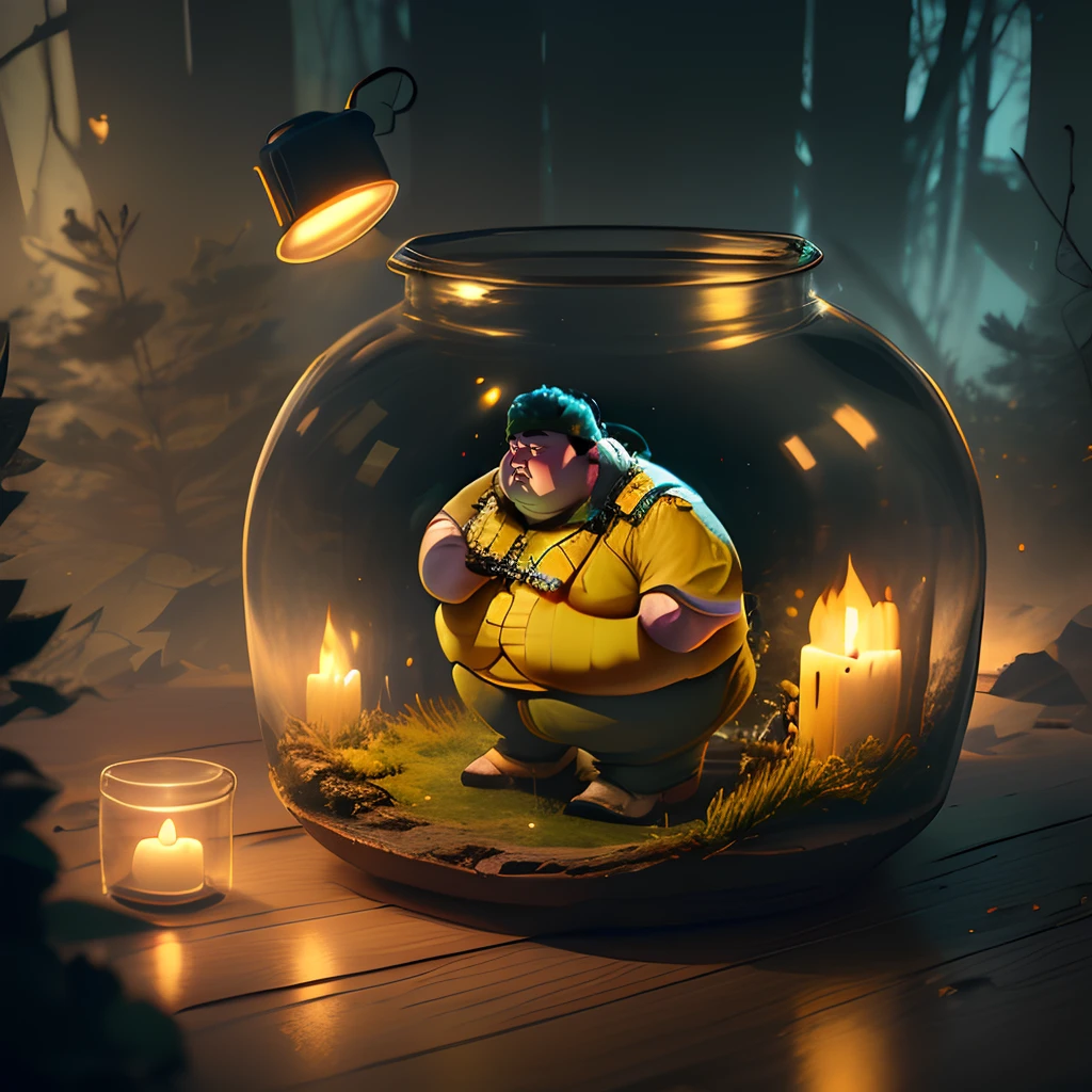 (The fat man was trapped in the bottle), Atmospheric Oliva lighting, On a table, 4K Ultra HD, Dark vibes, ultra - detailed, Bright colors forest background, Epic composition, rendering by octane, Sharp focus, High-resolution isometric drawing