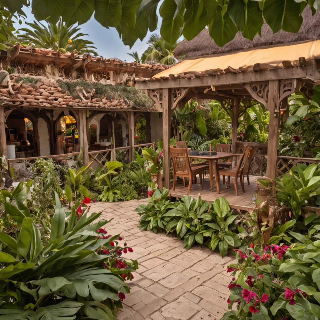 Tropical beach with wooden pergola at sunset with vibrance in a flower garden with Italian village with small restaurants
