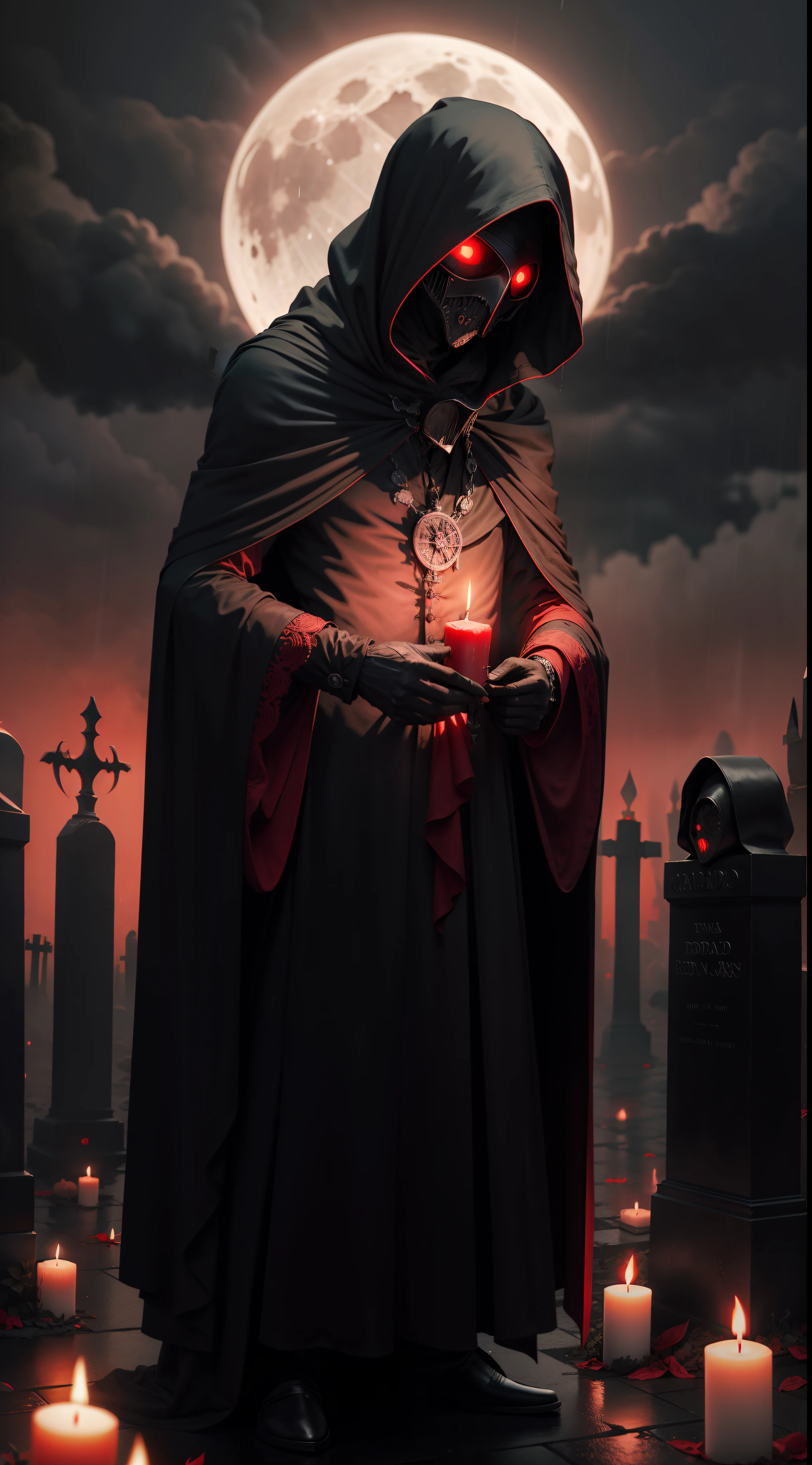 a plague doctor humanoid, holding red candle, scary, horror, night, dark, rainy weather, full moon, glowing red eyes, evil, 1600s, graveyard background, gloomy background, black clouds, a lot zombies red eyes looking at the view, black red details robe, wallpaper