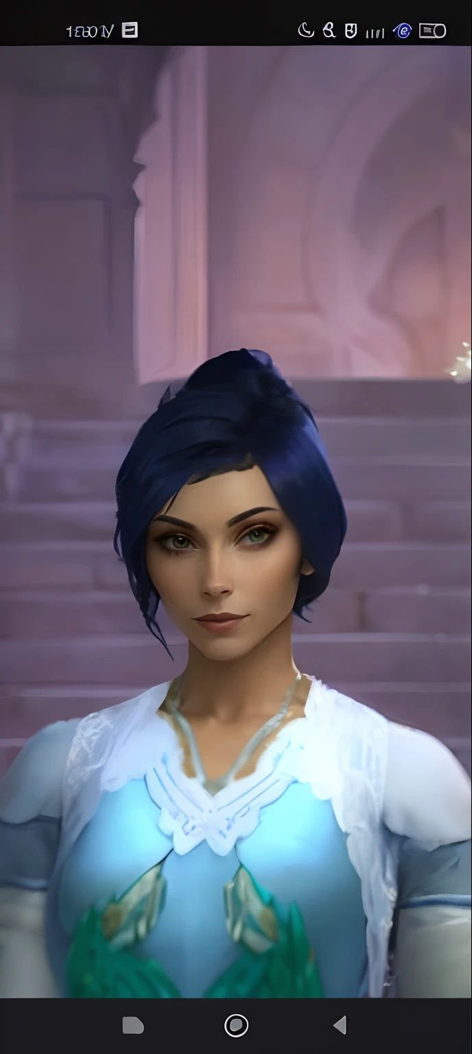a close up of a person in a blue dress with a blue hair, short blue haired woman, ingame image, cattie - brie of mithril hall, brigitte, avatar image, zenra taliyah, inspired by Adélaïde Victoire Hall, taliyah, pharah, alluring mesmer woman, ethereal vaporous tan skin